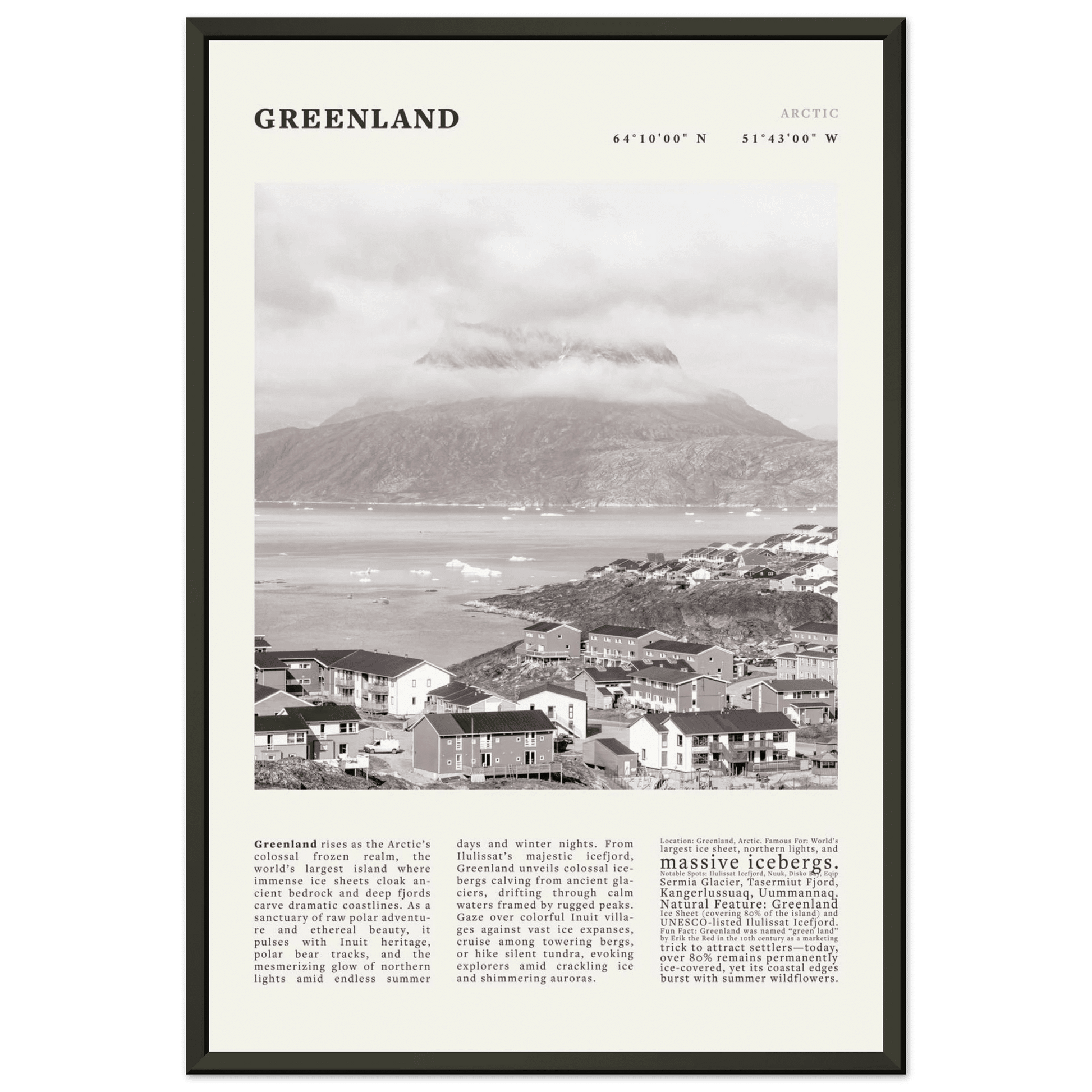Greenland Poster Black and White – Vintage Arctic Fjord Landscape Print (Digital & Printed Options) - Evergreen Posters