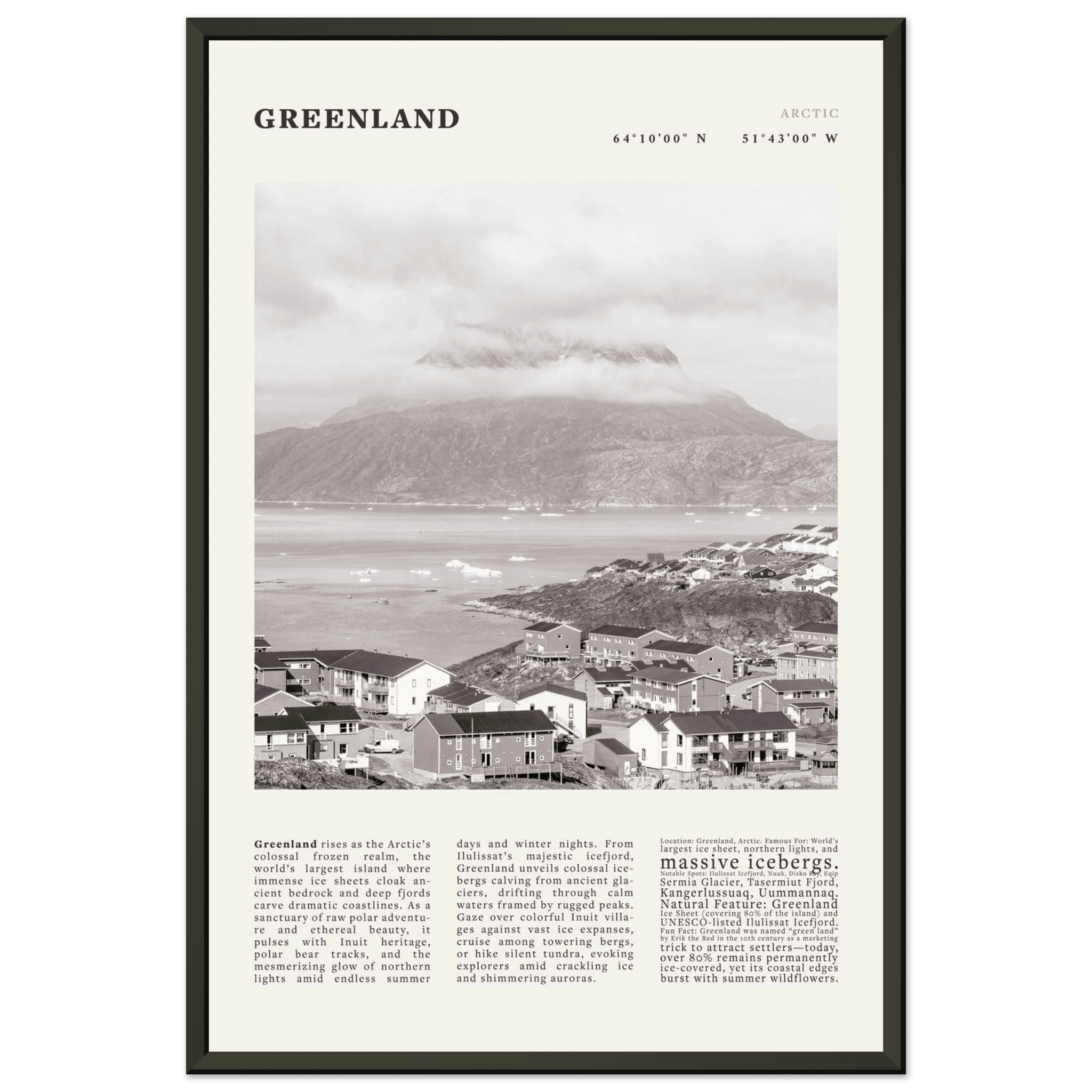 Greenland Poster Black and White – Vintage Arctic Fjord Landscape Print (Digital & Printed Options) - Evergreen Posters