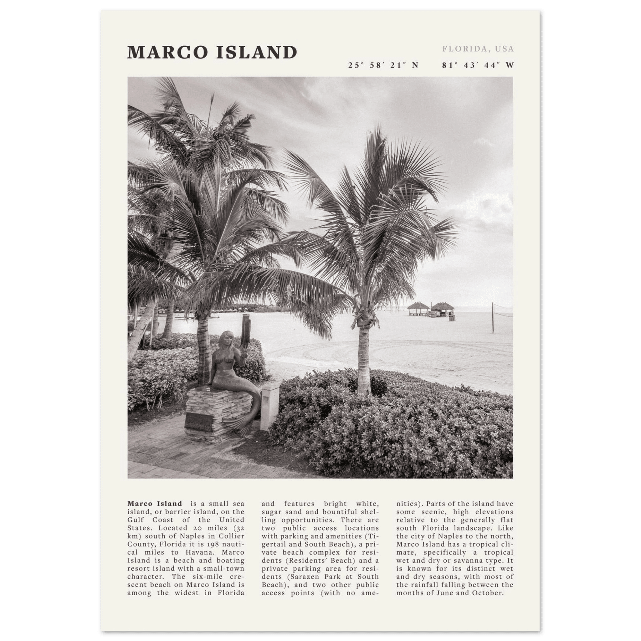 Marco Island Poster | Black & White Florida Beach Wall Art | Coastal Travel Print - Evergreen Posters