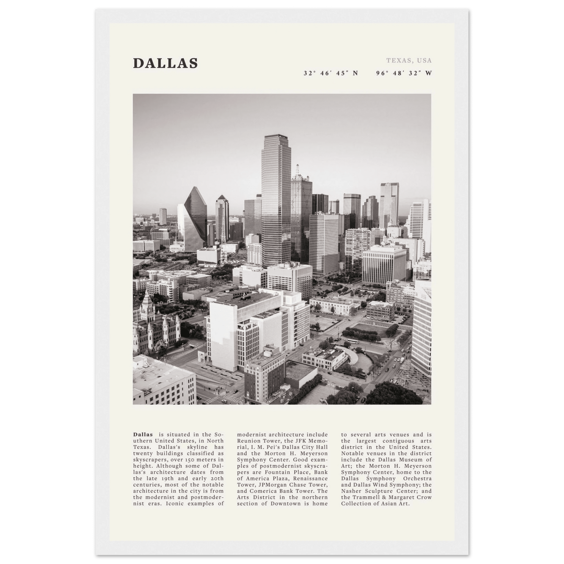 Dallas Poster | Black & White Texas Skyline Wall Art | City Travel Print Decor - Evergreen Posters