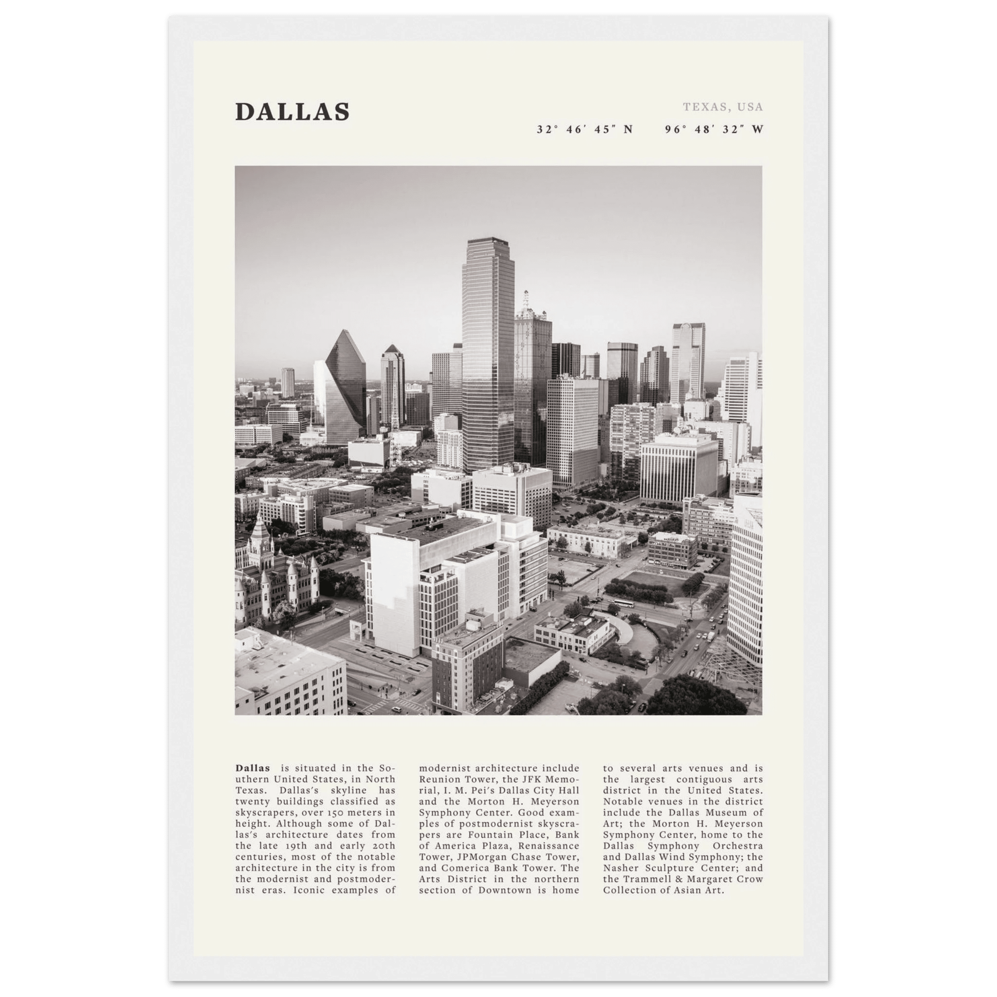 Dallas Poster | Black & White Texas Skyline Wall Art | City Travel Print Decor - Evergreen Posters