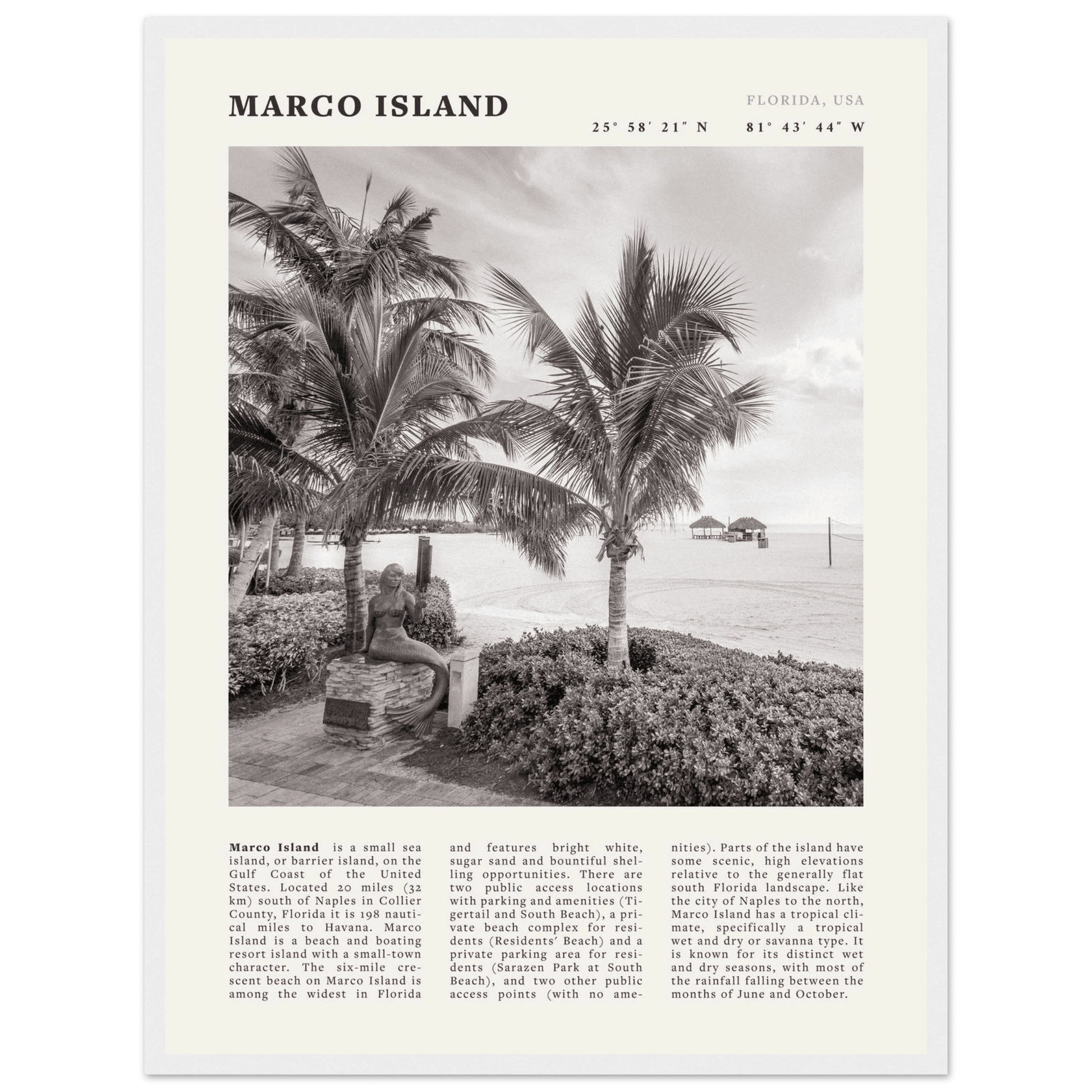 Marco Island Poster | Black & White Florida Beach Wall Art | Coastal Travel Print - Evergreen Posters