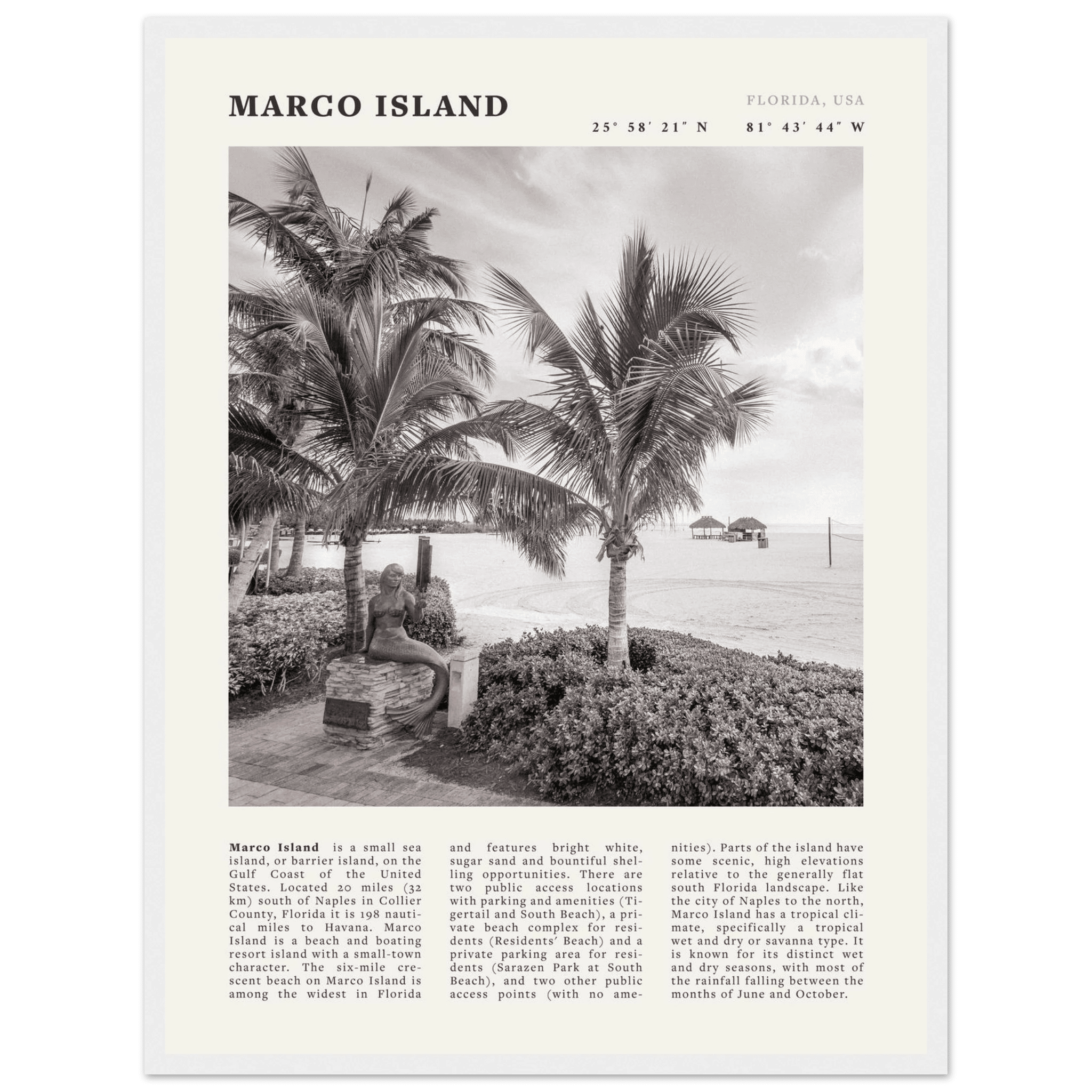 Marco Island Poster | Black & White Florida Beach Wall Art | Coastal Travel Print - Evergreen Posters