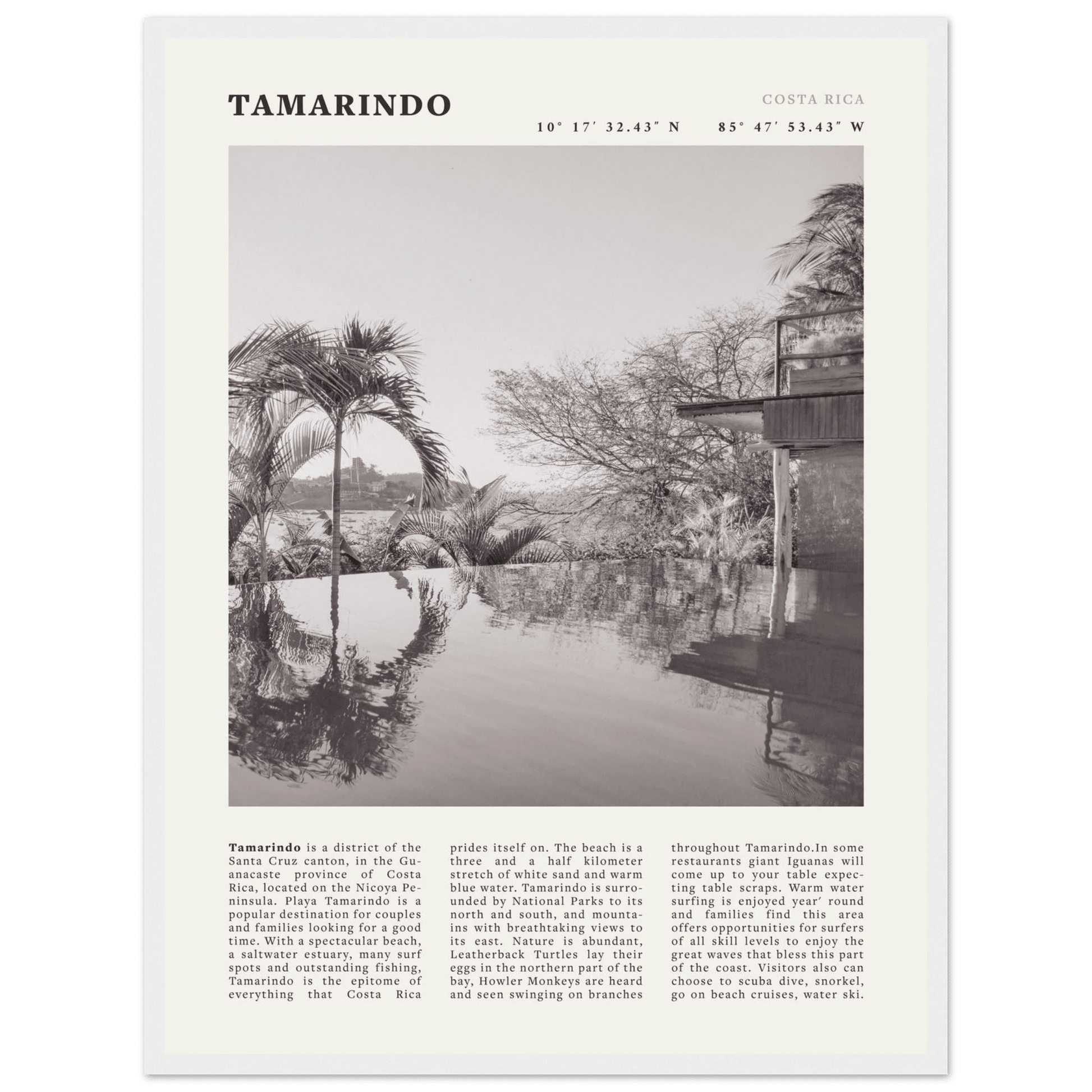 Tamarindo Poster | Black & White Costa Rica Beach Wall Art | Surf Travel Print - Evergreen Posters
