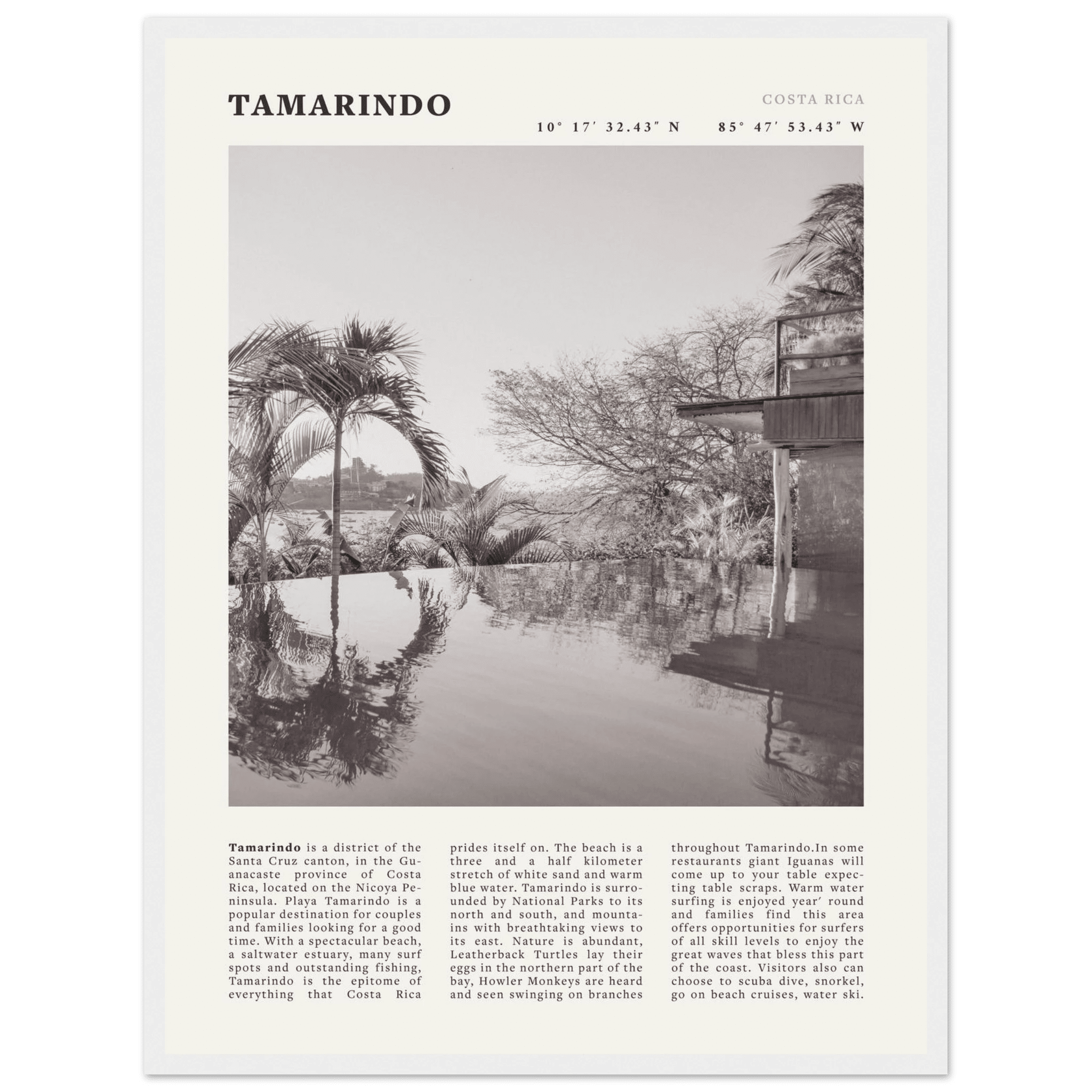 Tamarindo Poster | Black & White Costa Rica Beach Wall Art | Surf Travel Print - Evergreen Posters