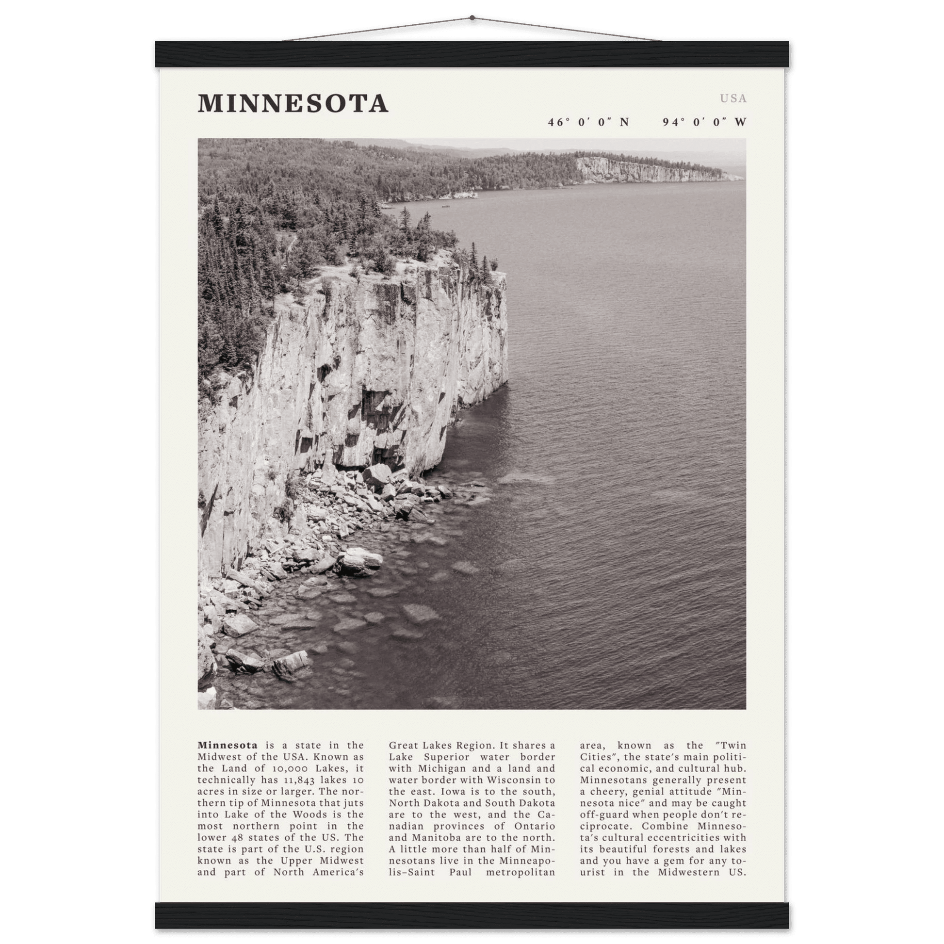 Minnesota Poster | Black & White Lake Superior Wall Art | USA Nature Travel Print - Evergreen Posters