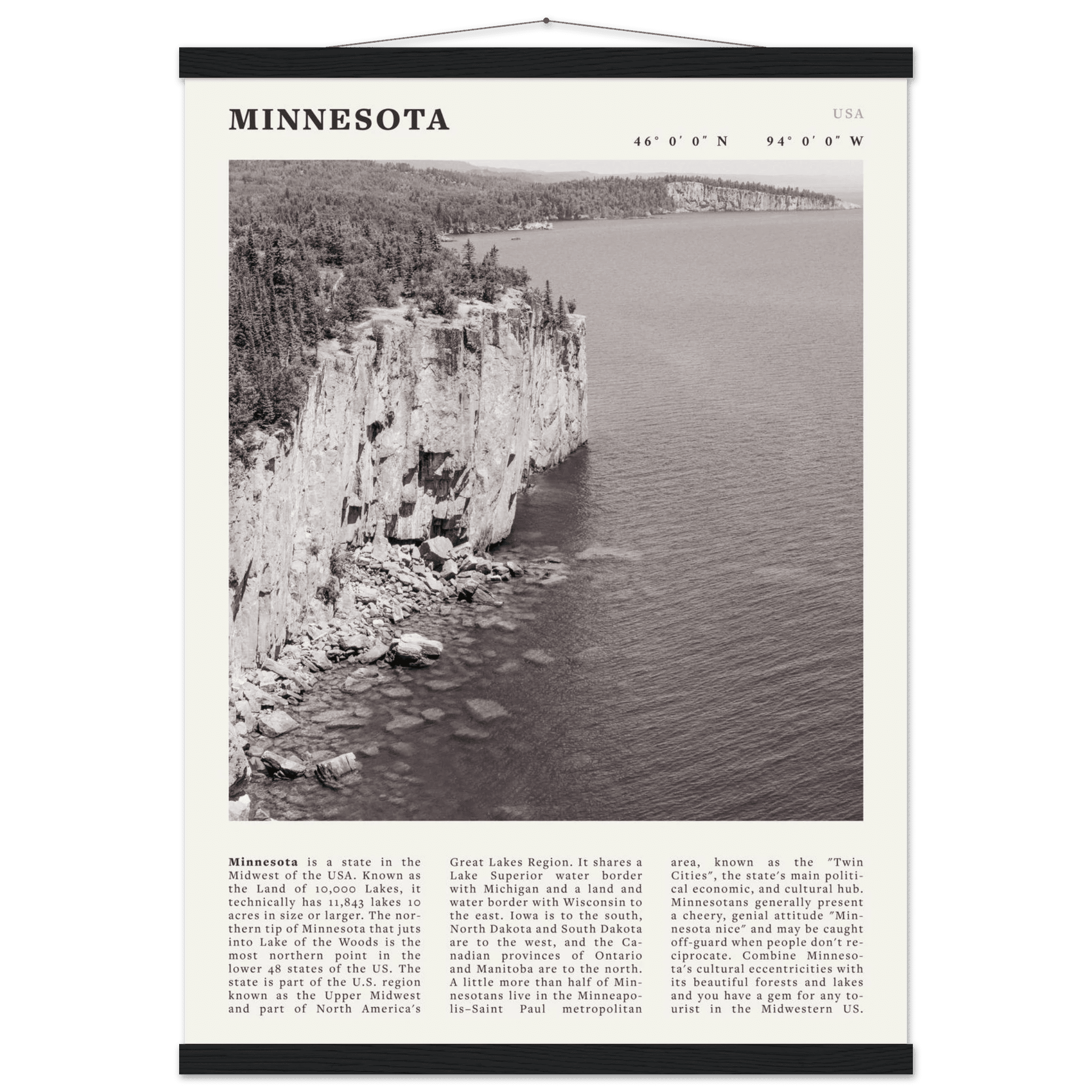 Minnesota Poster | Black & White Lake Superior Wall Art | USA Nature Travel Print - Evergreen Posters