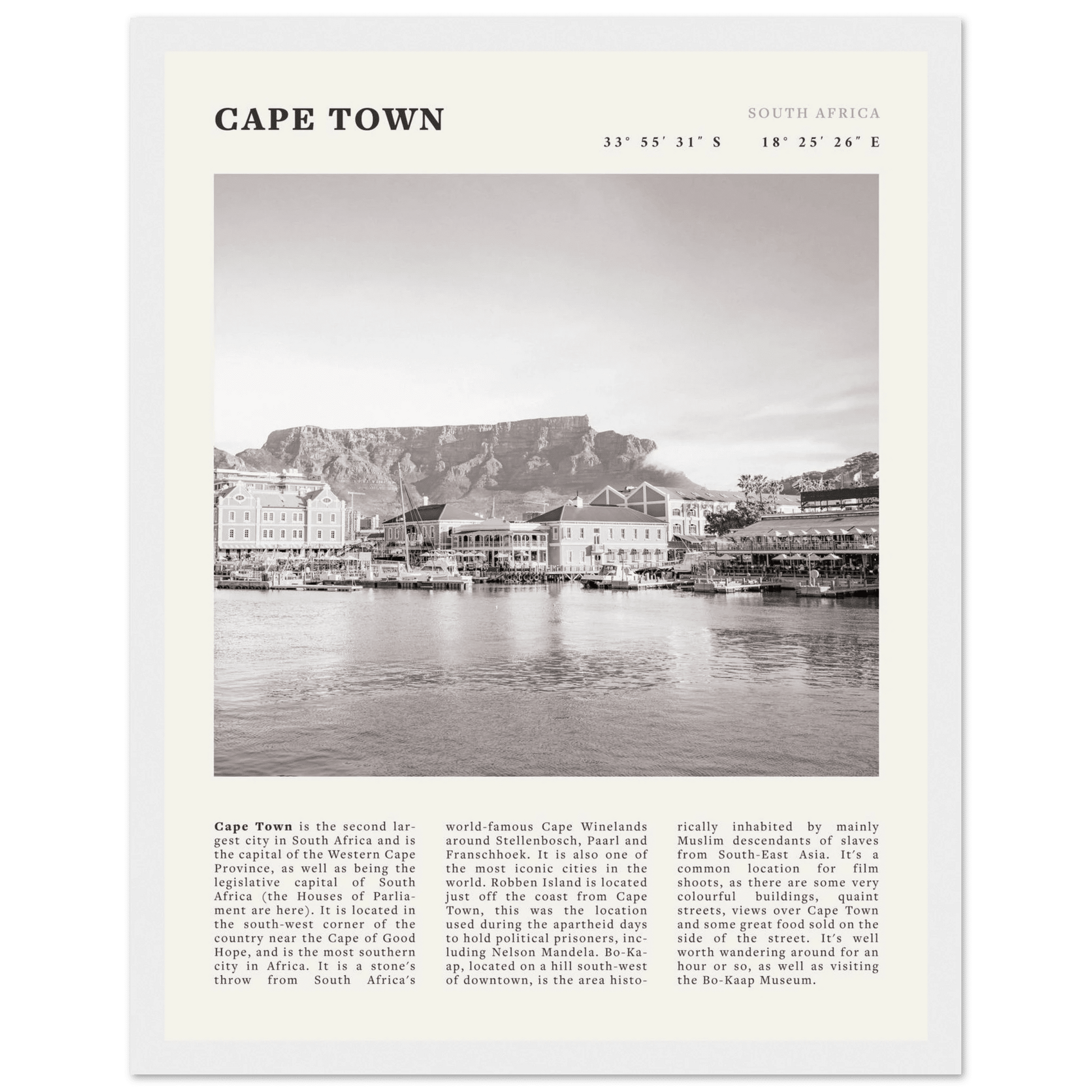 Cape Town Poster | Black & White Table Mountain Wall Art | South Africa Travel Print - Evergreen Posters