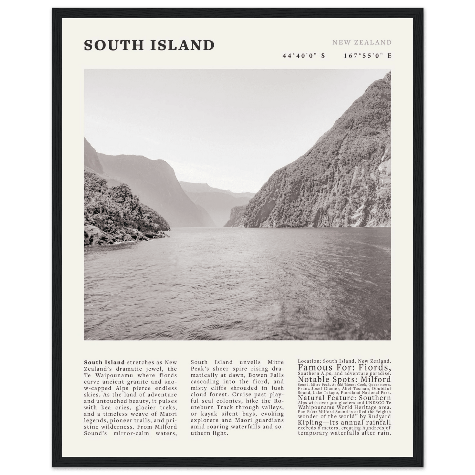 South Island New Zealand Poster Black and White – Vintage Milford Sound Fjord Print - Evergreen Posters