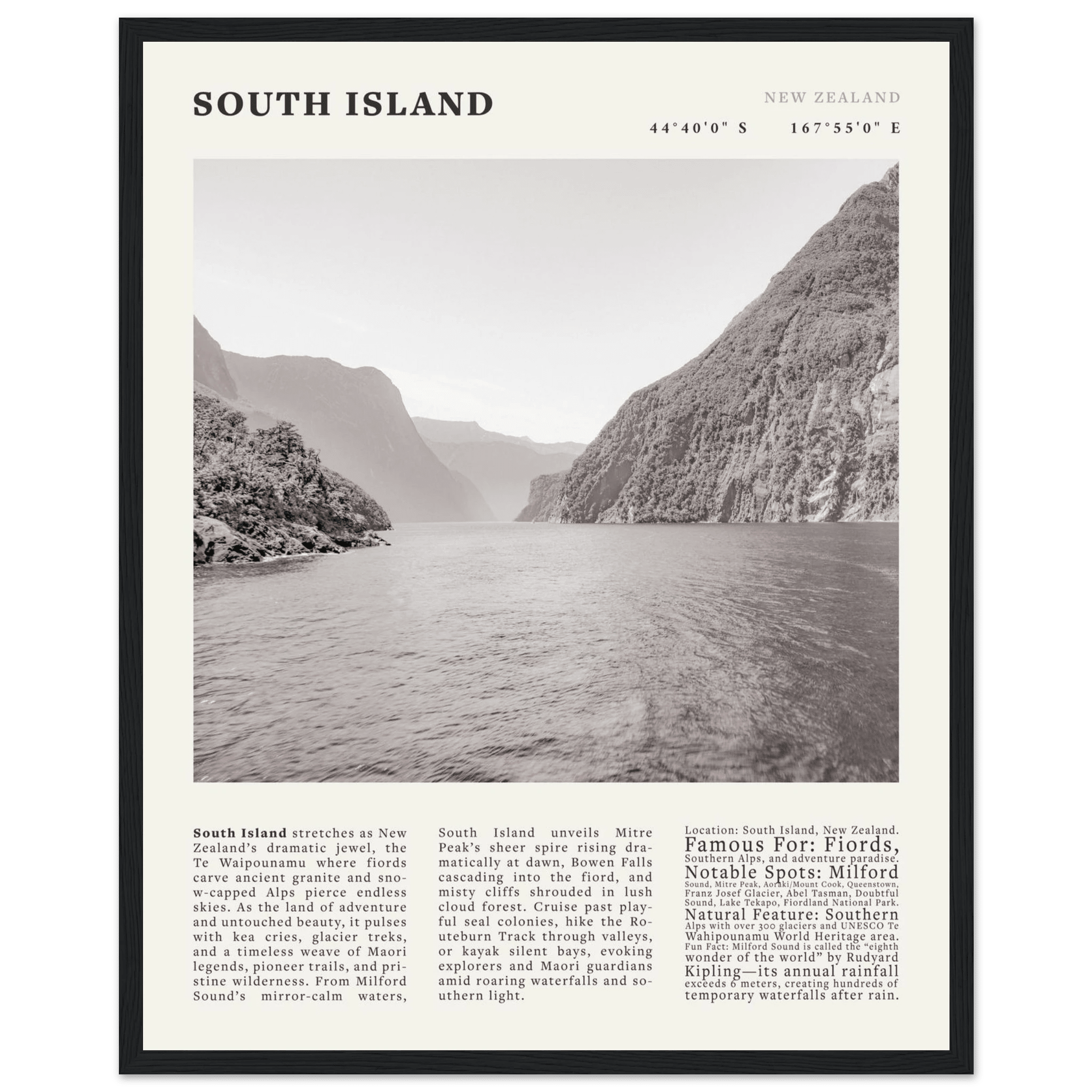 South Island New Zealand Poster Black and White – Vintage Milford Sound Fjord Print - Evergreen Posters