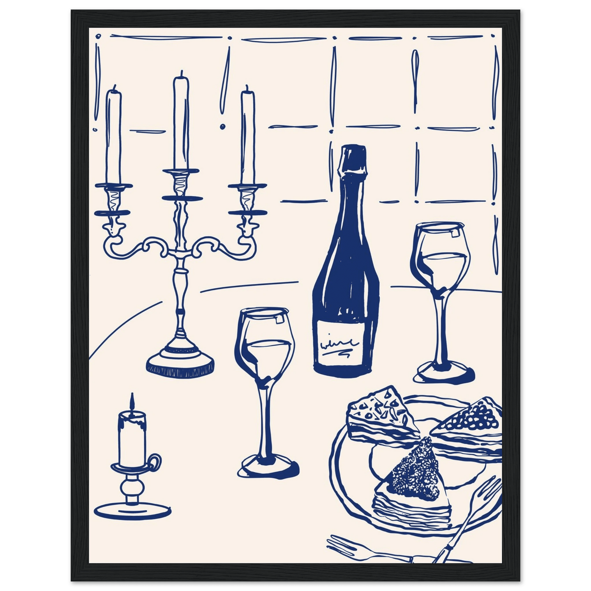 Candlelight Dinner Print | Navy Blue Wine & Candelabra Line Art | Kitchen Poster - Evergreen Posters