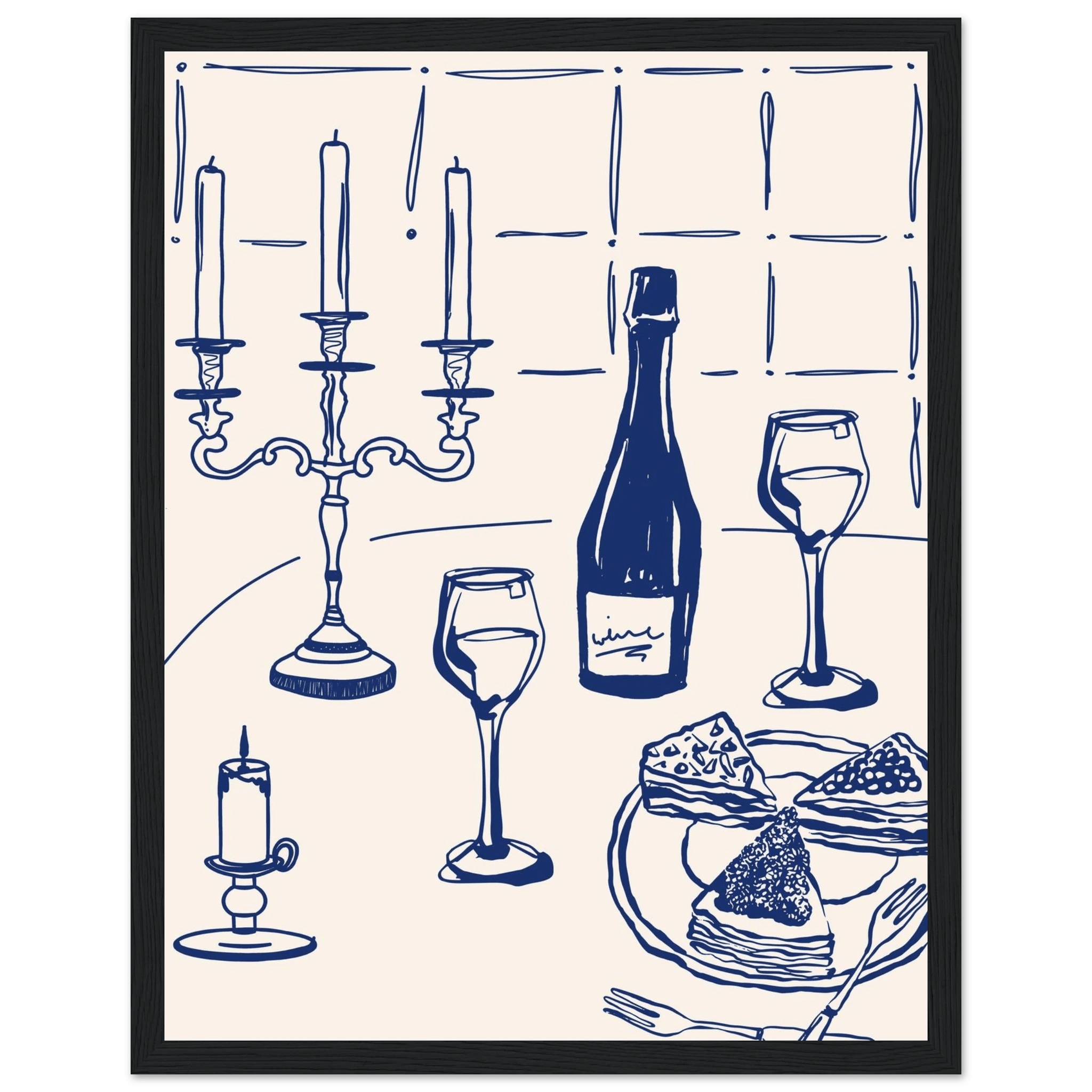 Candlelight Dinner Print | Navy Blue Wine & Candelabra Line Art | Kitchen Poster - Evergreen Posters
