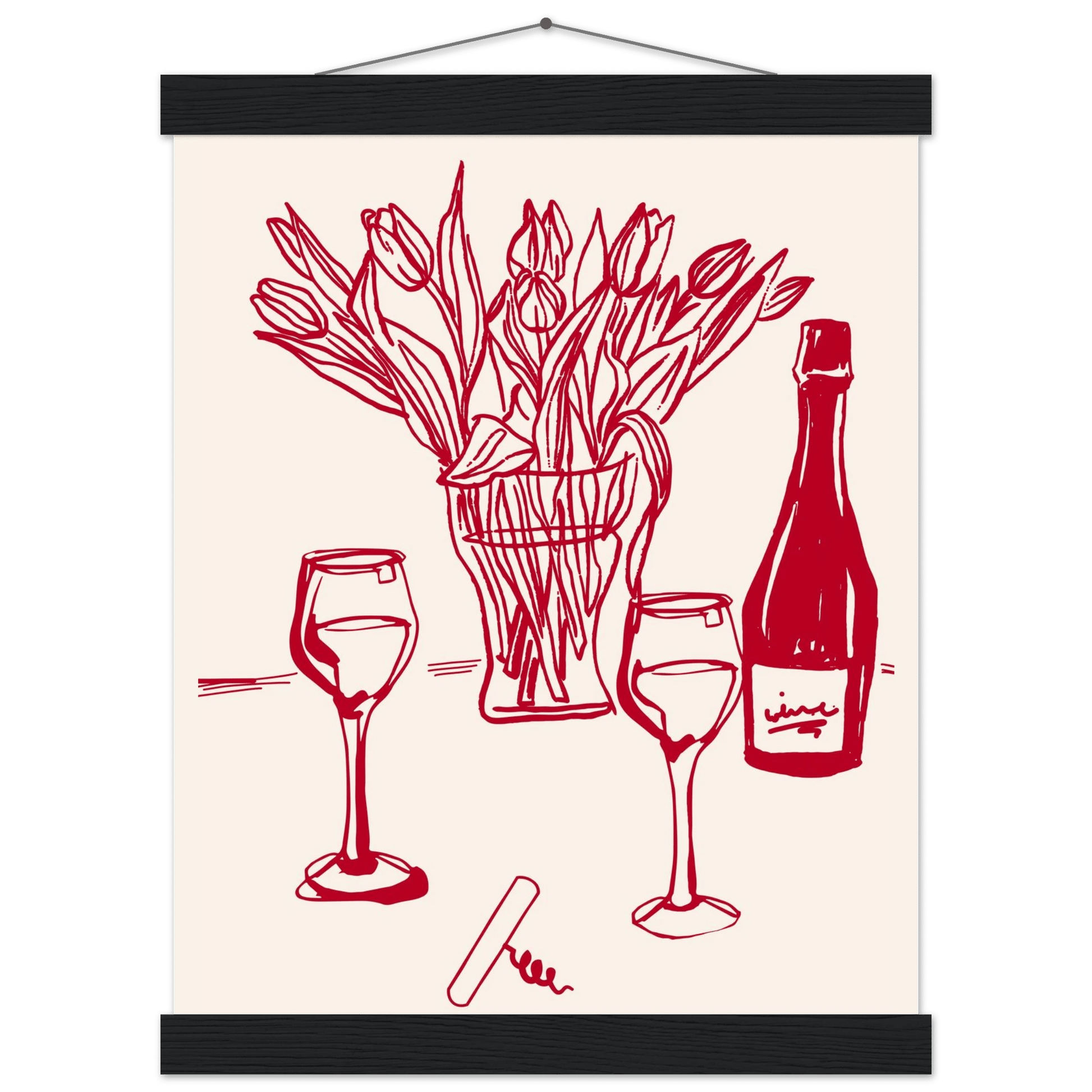 Red Wine & Tulips Print | Line Art Wine Bottle Wall Art | Kitchen Poster - Evergreen Posters