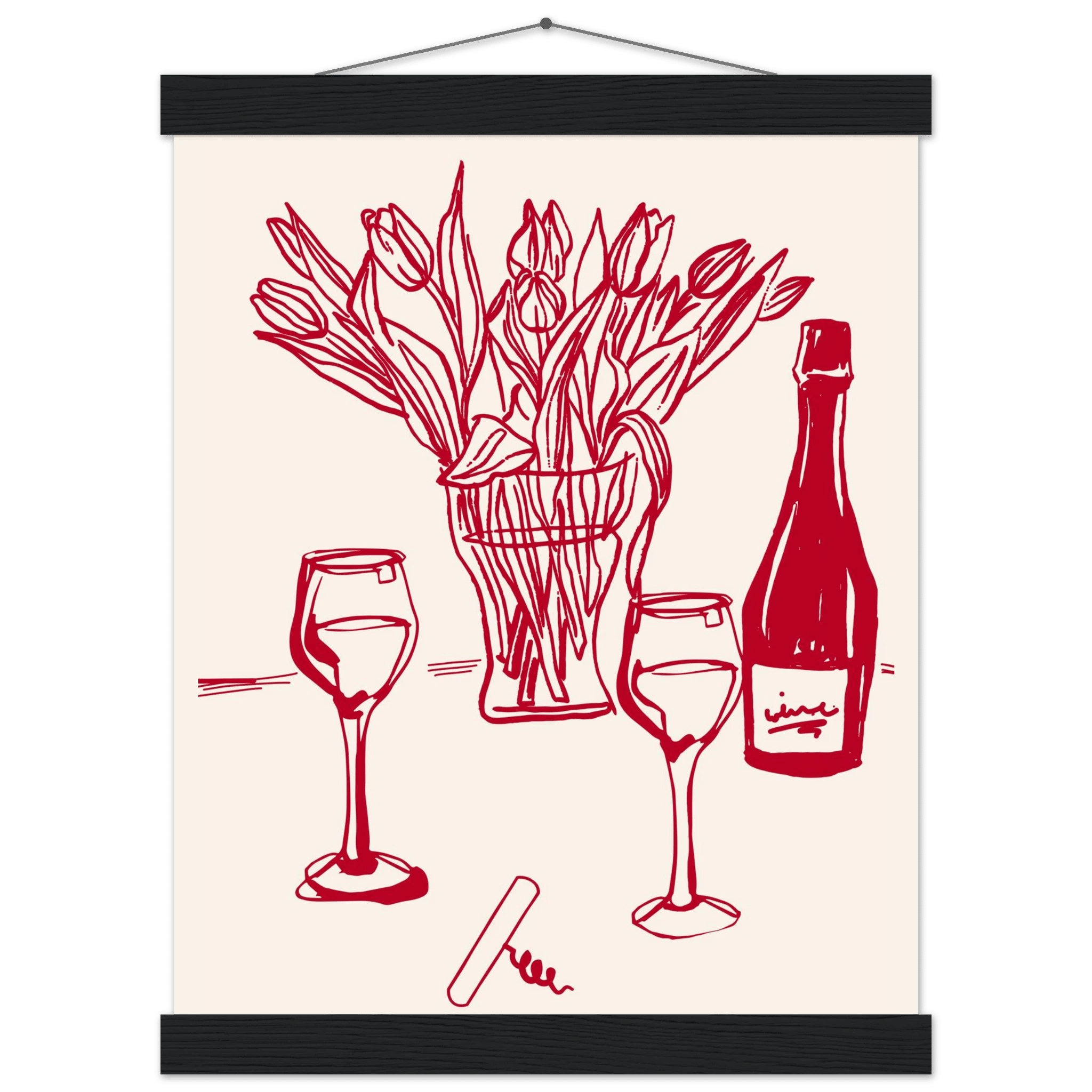 Red Wine & Tulips Print | Line Art Wine Bottle Wall Art | Kitchen Poster - Evergreen Posters