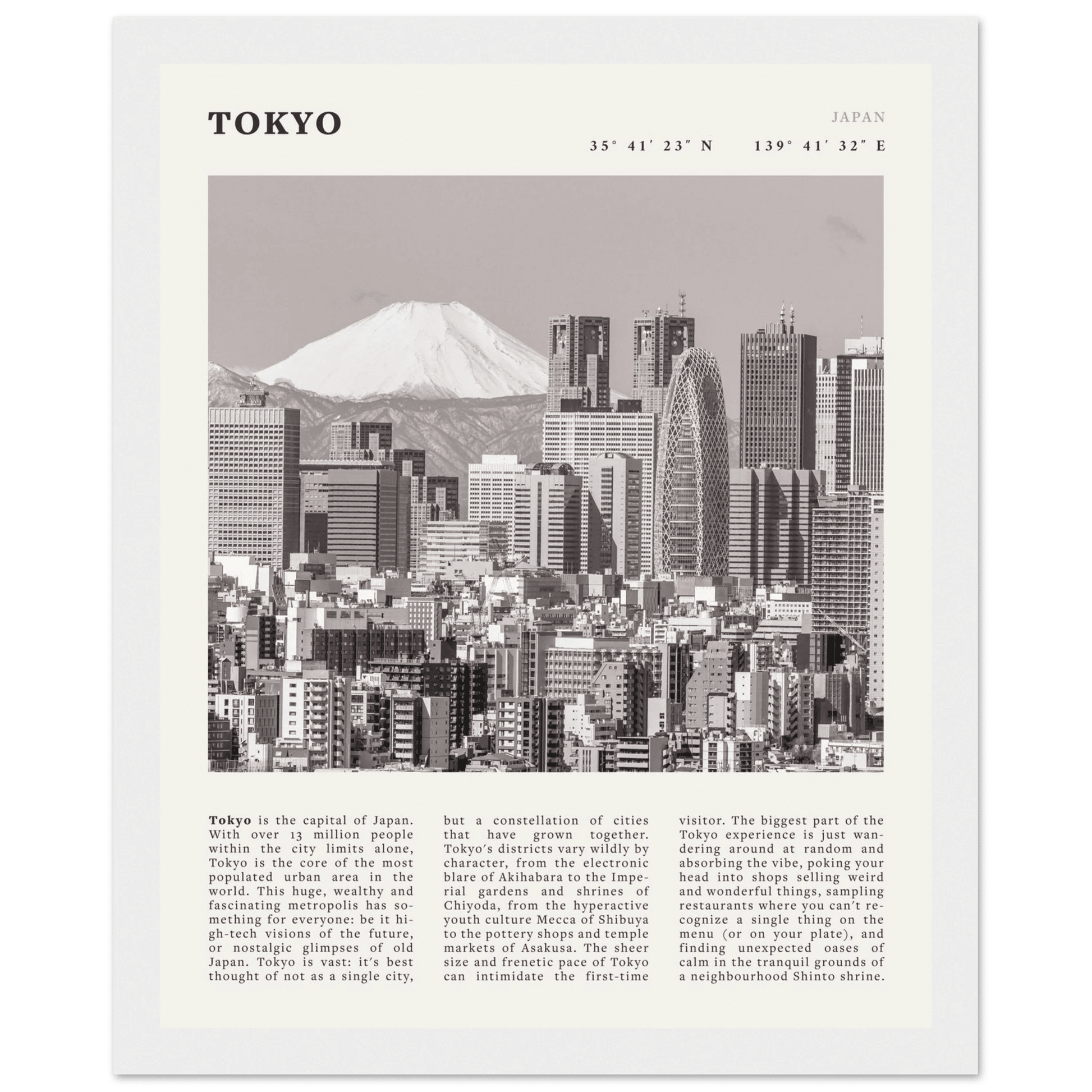 Tokyo Poster | Black & White Mount Fuji Skyline Wall Art | Japan Travel Print - Evergreen Posters