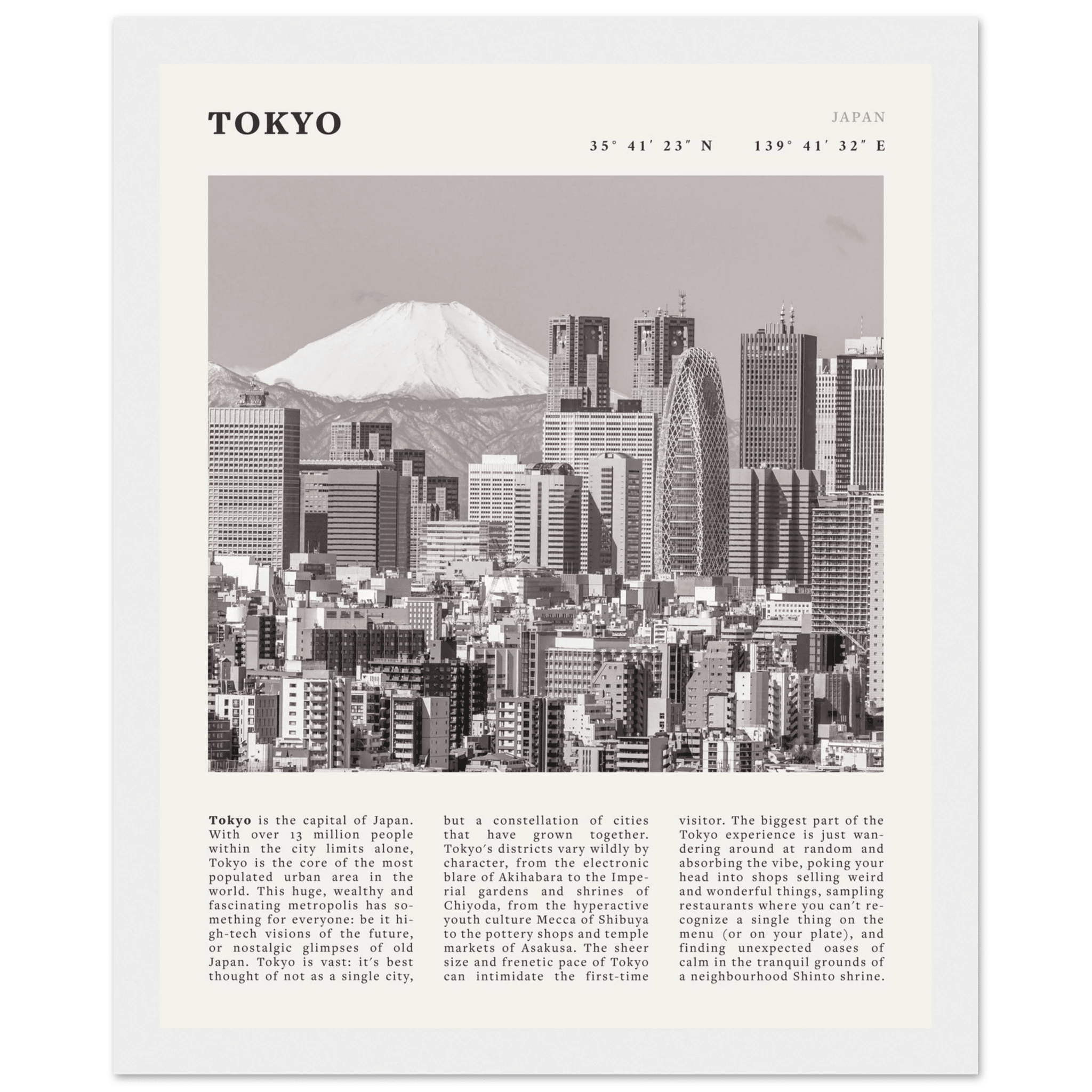 Tokyo Poster | Black & White Mount Fuji Skyline Wall Art | Japan Travel Print - Evergreen Posters