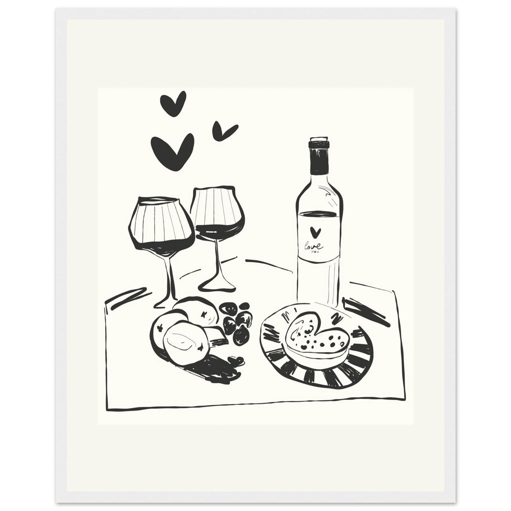 Wine for Two Print | Black Line Art Romantic Kitchen Wall Art | Couples Poster - Evergreen Posters