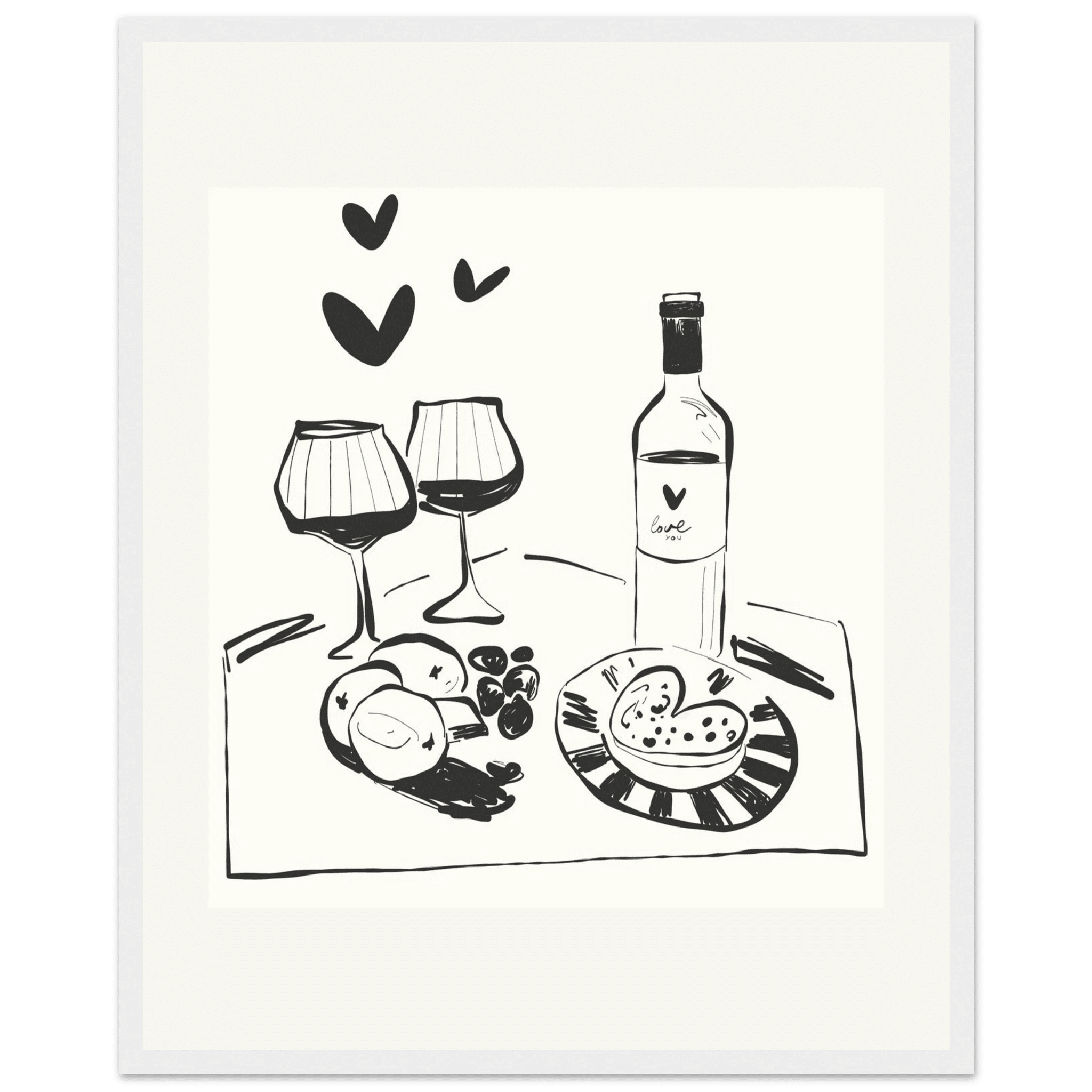 Wine for Two Print | Black Line Art Romantic Kitchen Wall Art | Couples Poster - Evergreen Posters