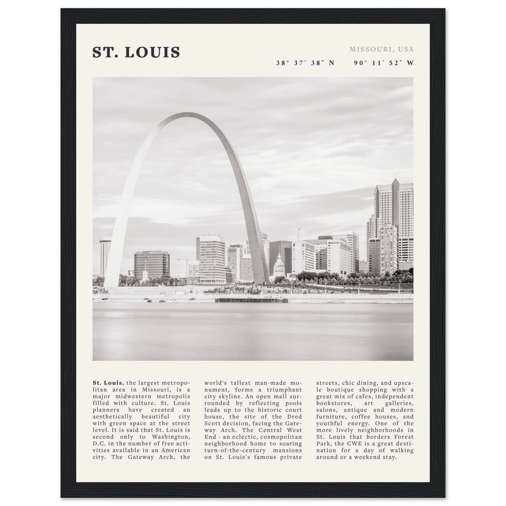 St. Louis Poster | Black & White Gateway Arch Wall Art | Missouri Travel Print - Evergreen Posters