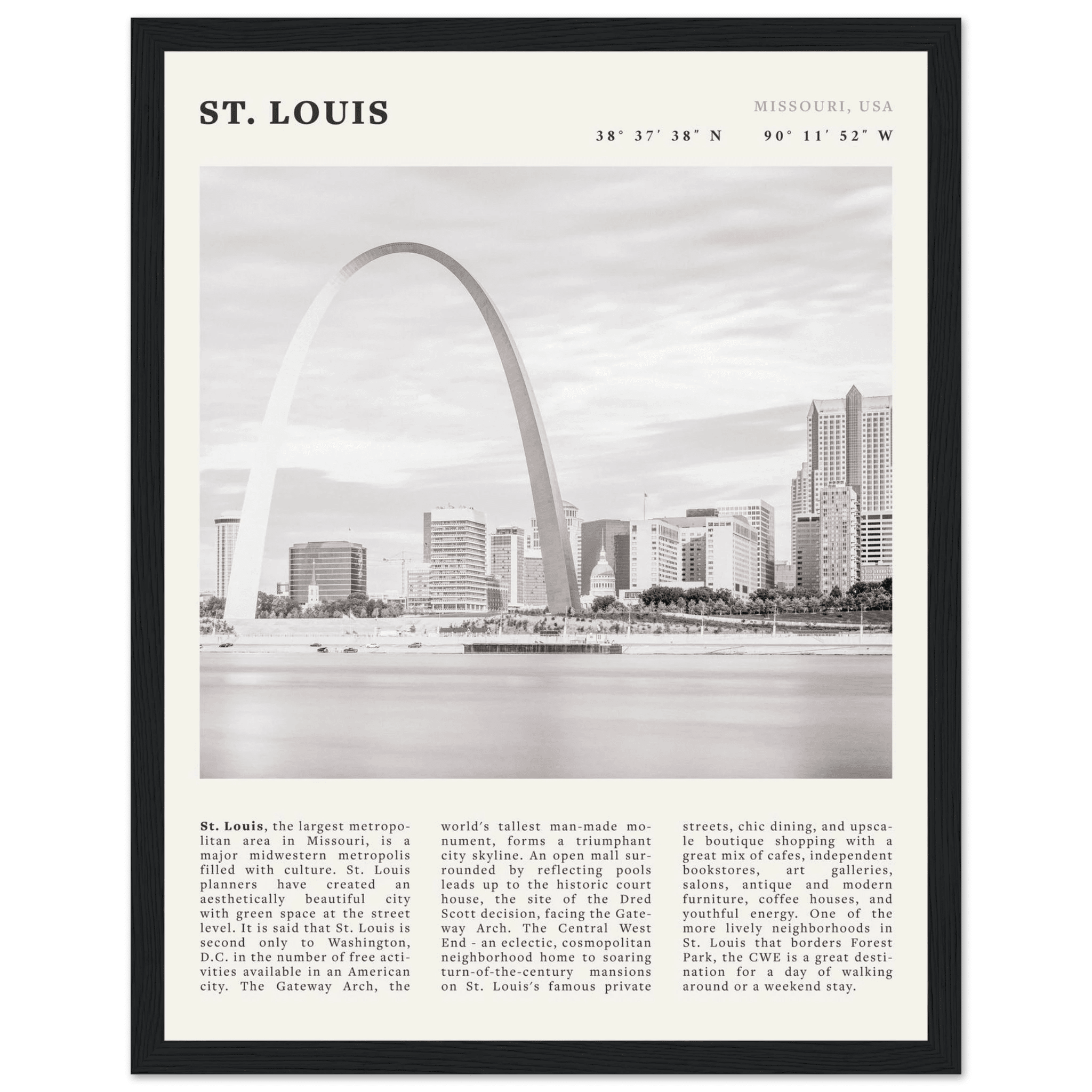 St. Louis Poster | Black & White Gateway Arch Wall Art | Missouri Travel Print - Evergreen Posters