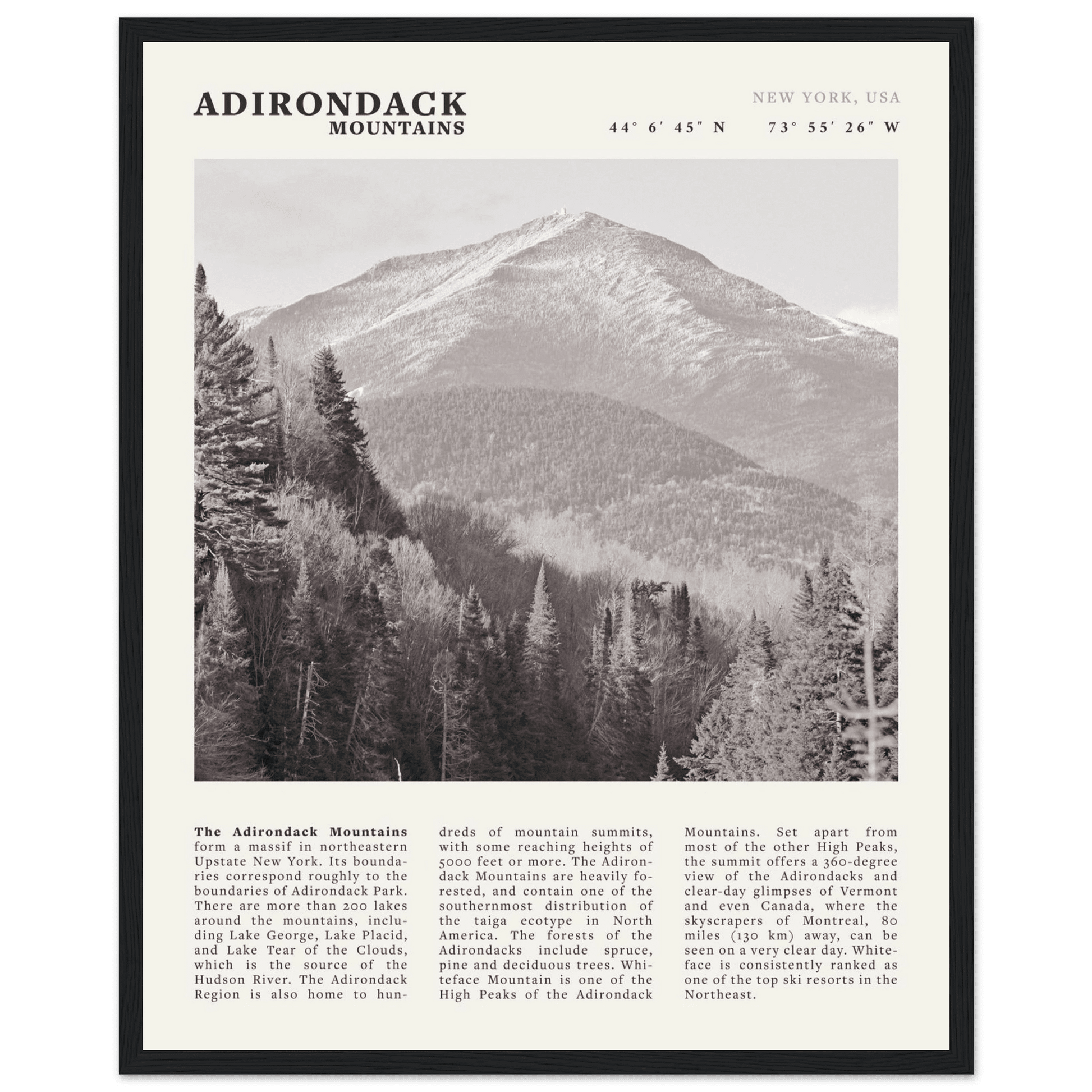 Adirondack Mountains Poster | Black & White New York Nature Wall Art | Hiking Print - Evergreen Posters
