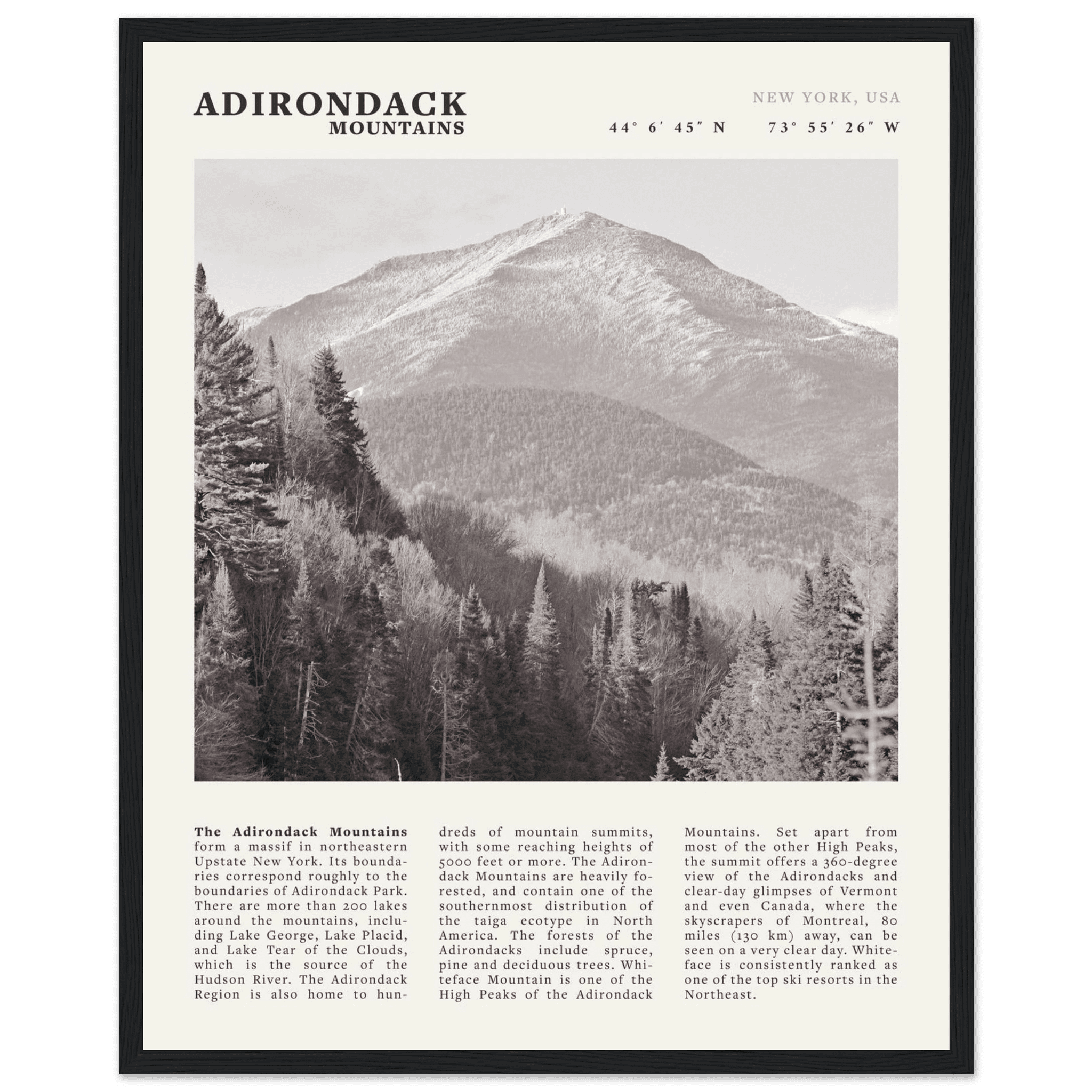 Adirondack Mountains Poster | Black & White New York Nature Wall Art | Hiking Print - Evergreen Posters