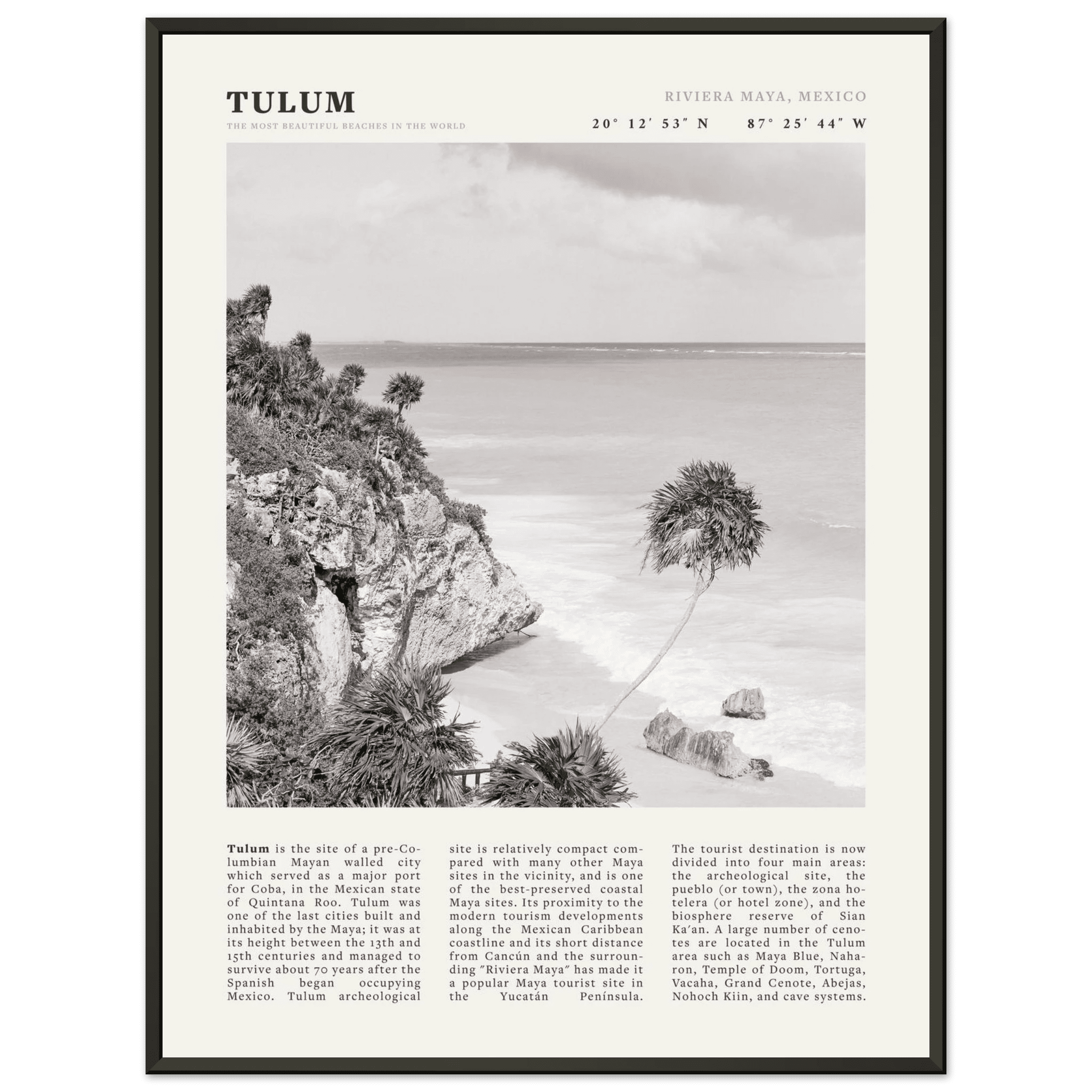 Tulum Poster | Black & White Riviera Maya Mexico Wall Art | Beach Travel Print - Evergreen Posters