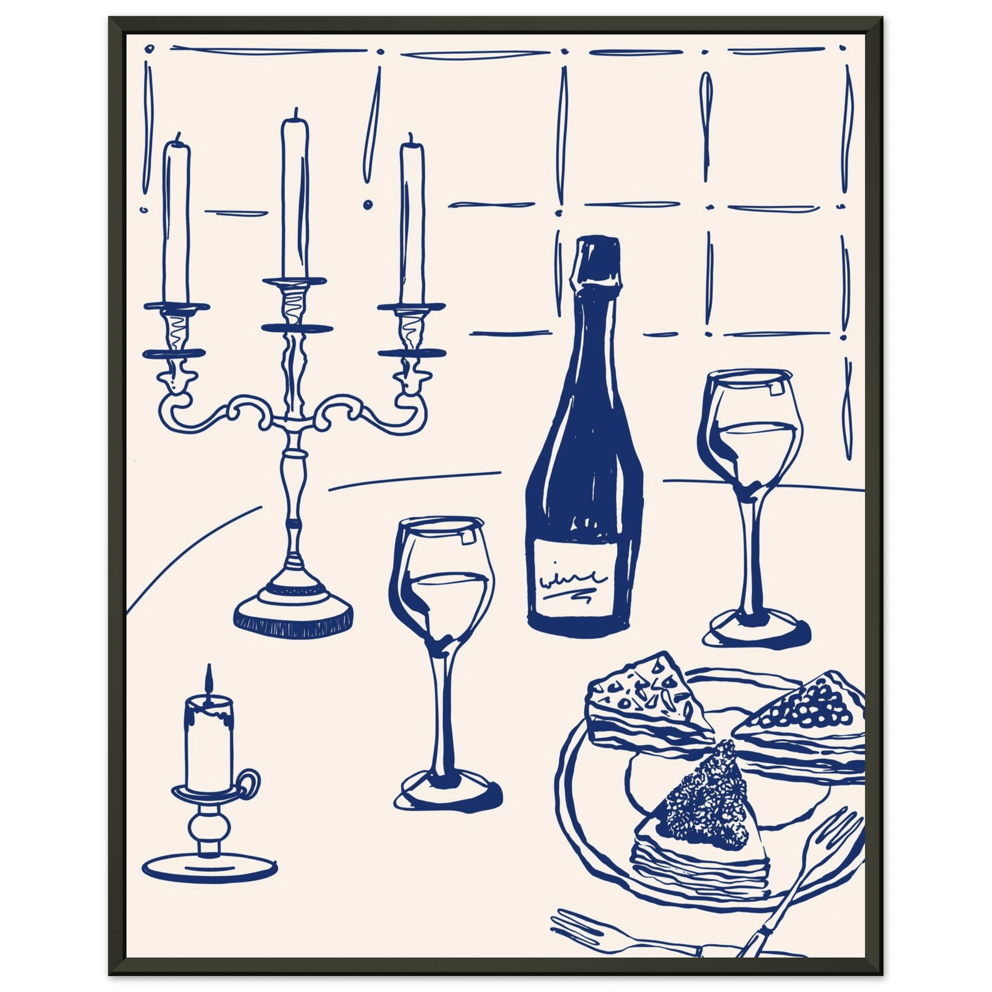 Candlelight Dinner Print | Navy Blue Wine & Candelabra Line Art | Kitchen Poster - Evergreen Posters
