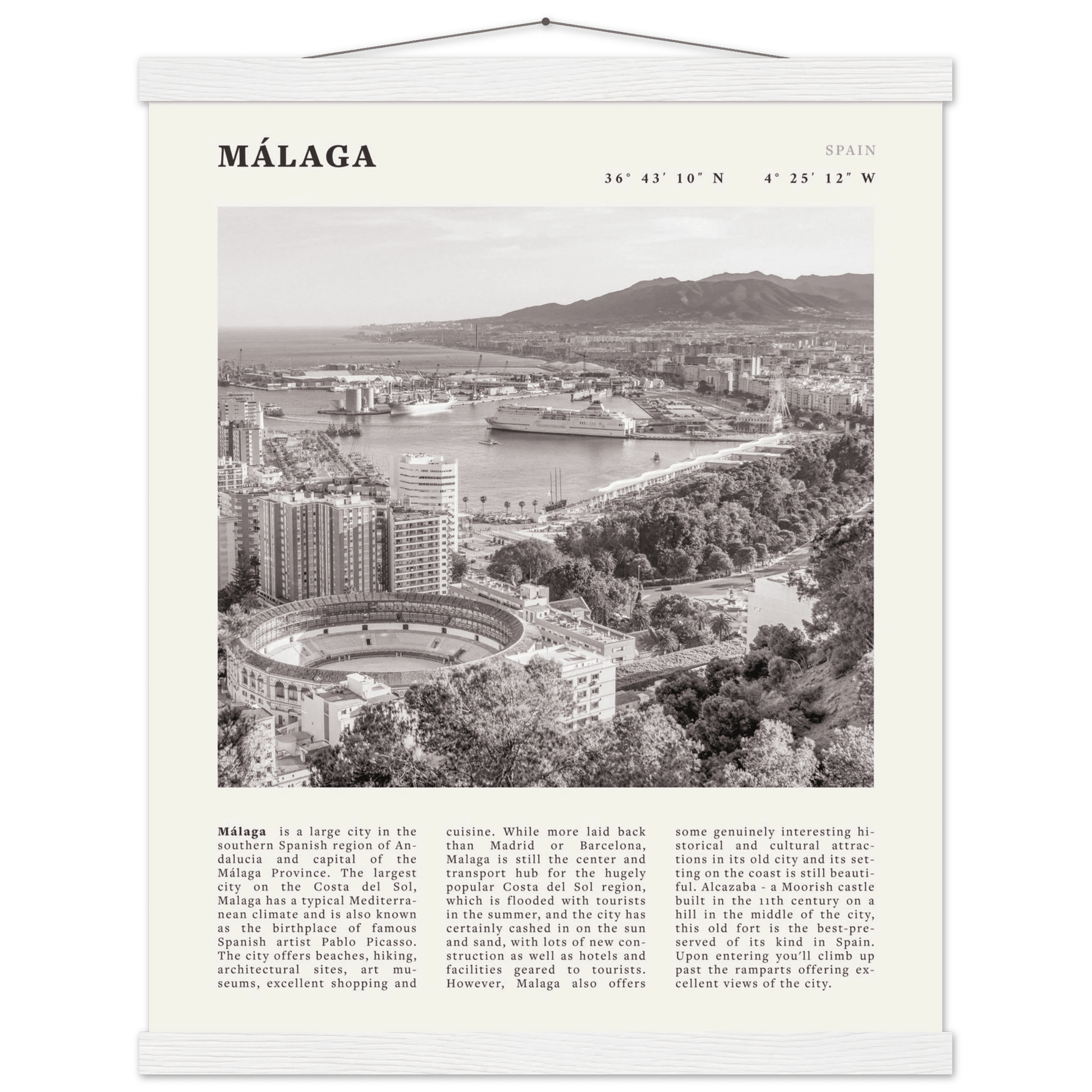Málaga Poster | Black & White Costa del Sol Wall Art | Spain Travel Print - Evergreen Posters