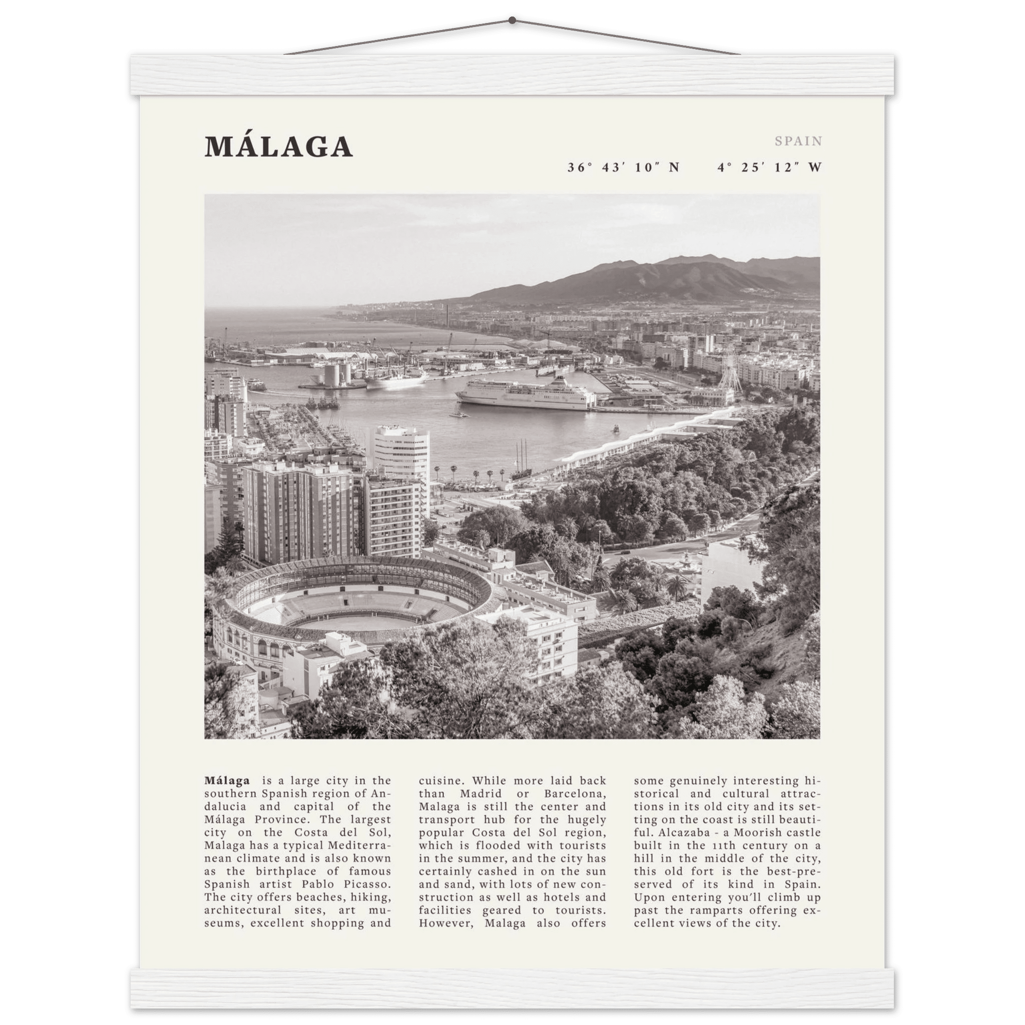 Málaga Poster | Black & White Costa del Sol Wall Art | Spain Travel Print - Evergreen Posters