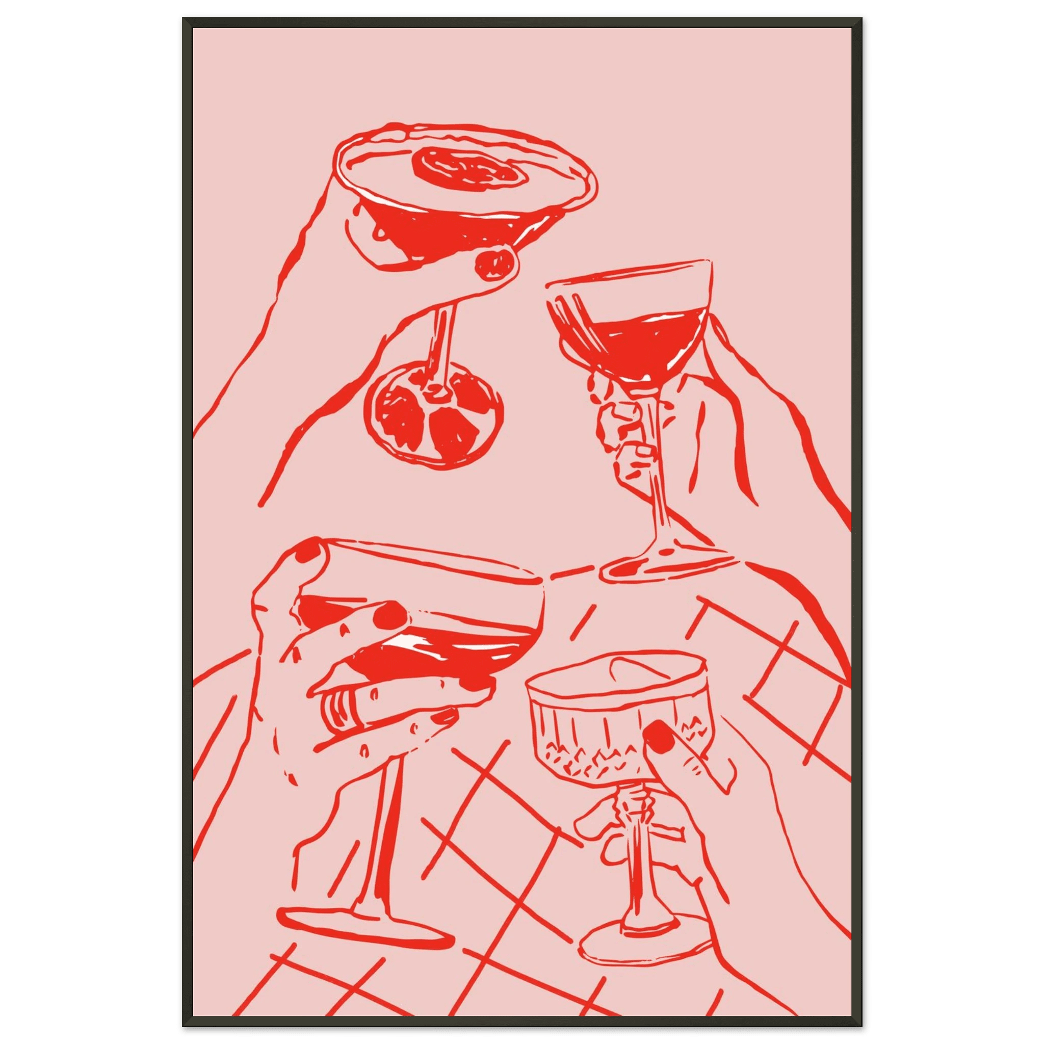 Cheers Print | Red & Pink Cocktail Glasses Wall Art | Kitchen Bar Poster - Evergreen Posters