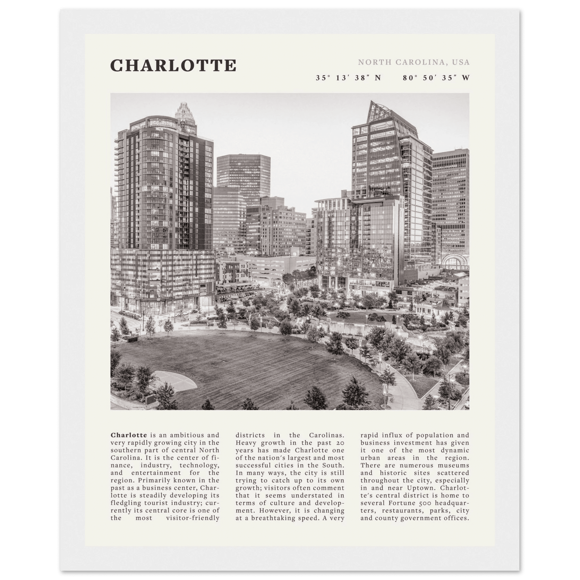 Charlotte Poster | Black & White North Carolina Skyline Wall Art | NC Travel Print - Evergreen Posters