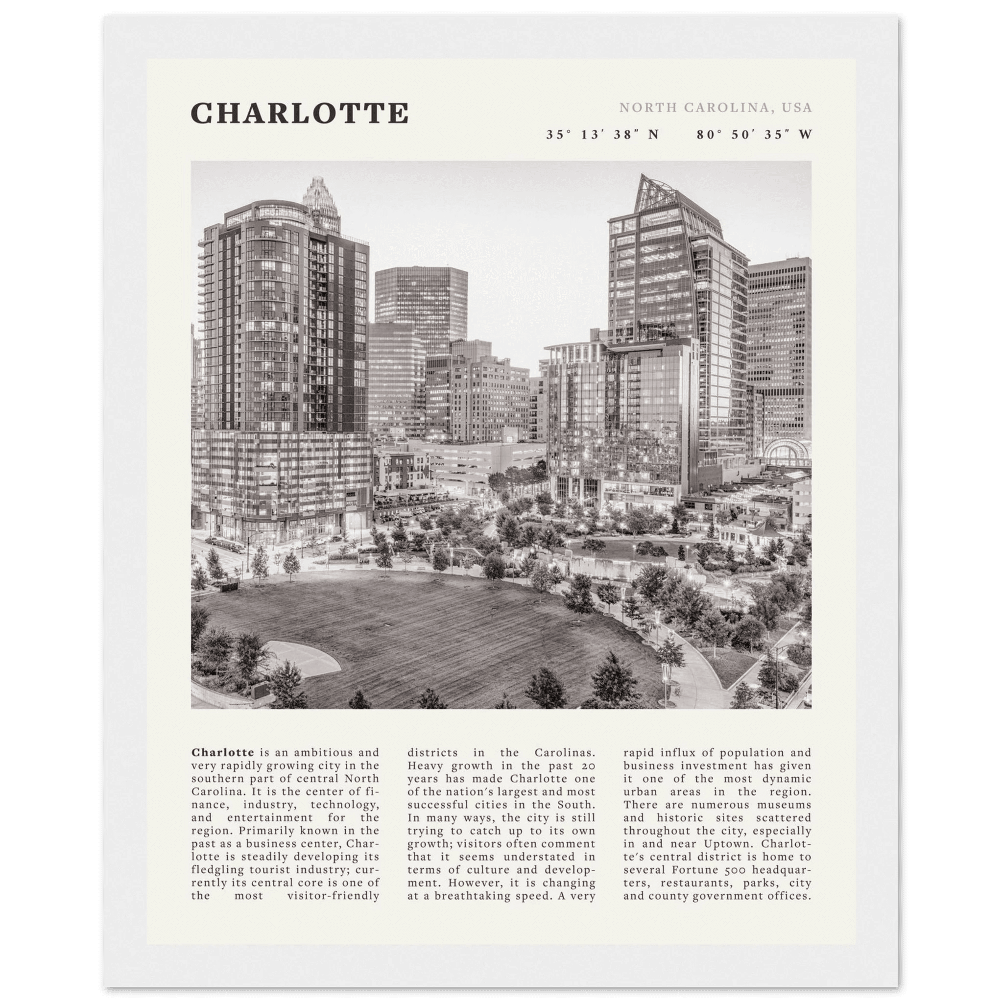 Charlotte Poster | Black & White North Carolina Skyline Wall Art | NC Travel Print - Evergreen Posters