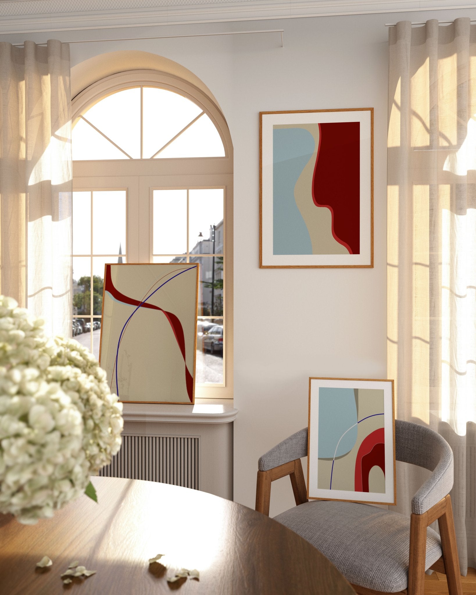 Set of 3 Abstract Prints | Red Blue Cream Modern Wall Art | Living Room Poster Set - Evergreen Posters