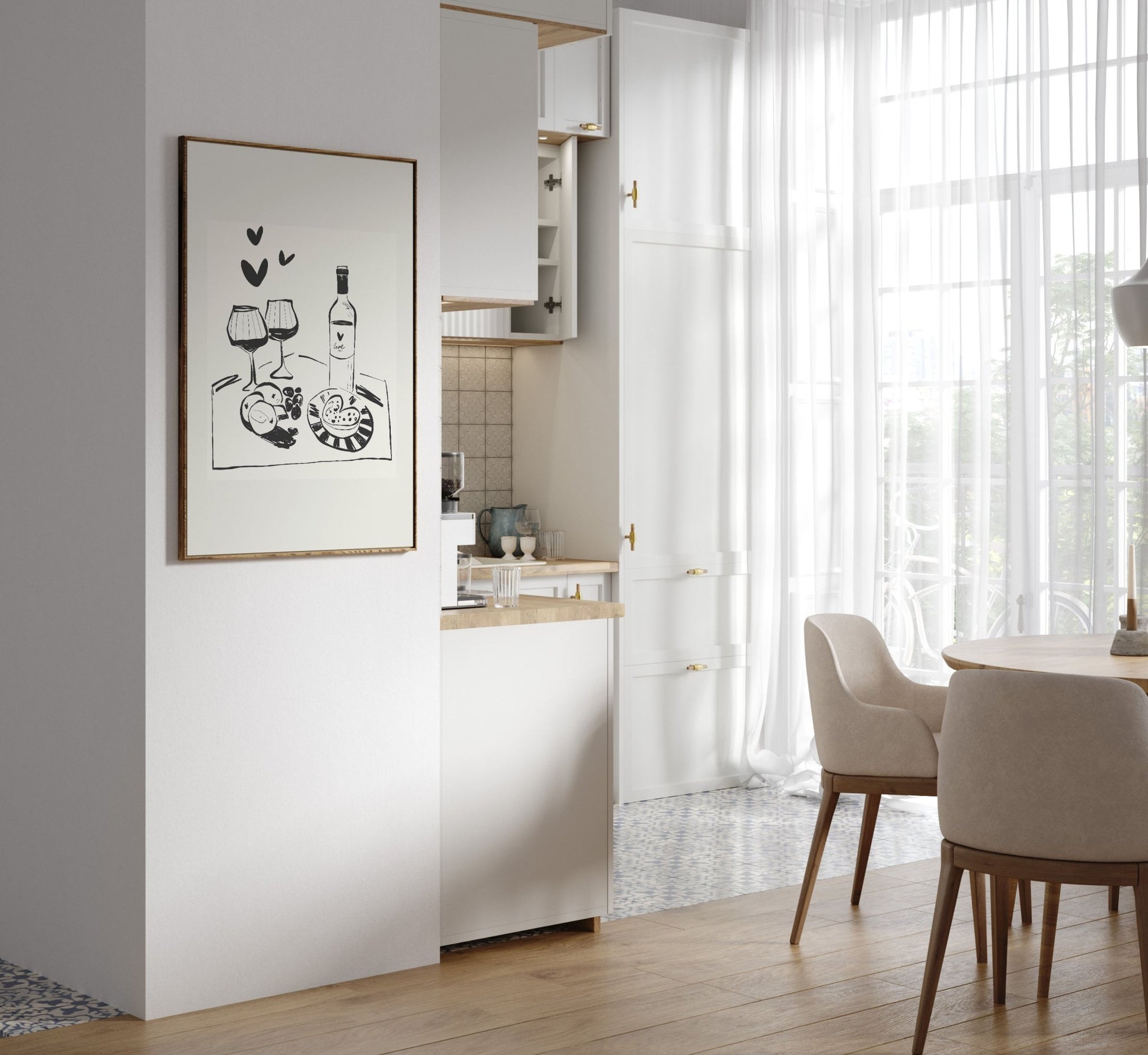 Wine for Two Print | Black Line Art Romantic Kitchen Wall Art | Couples Poster - Evergreen Posters