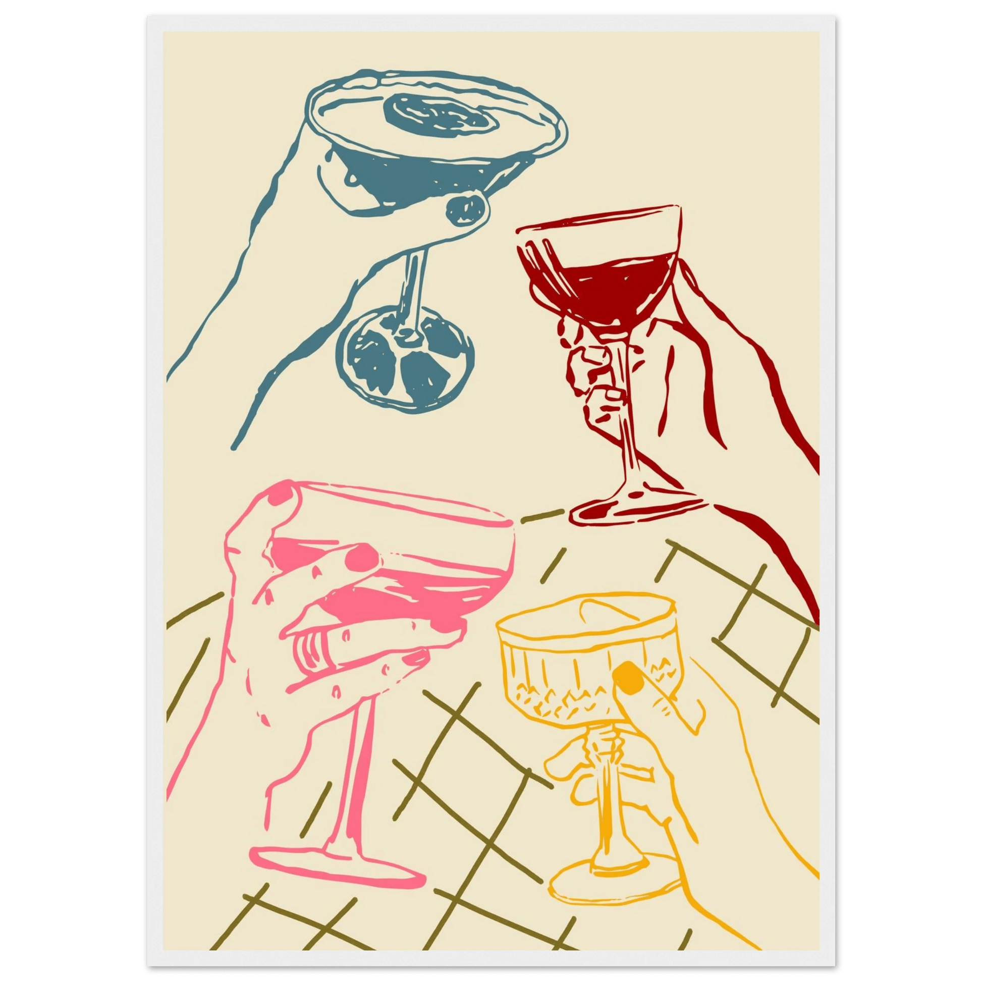 Cheers Print | Colourful Cocktail Glasses Wall Art | Kitchen Bar Poster - Evergreen Posters