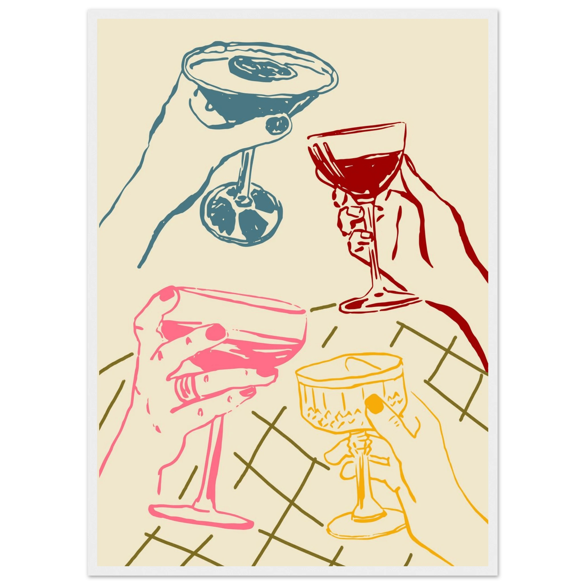 Cheers Print | Colourful Cocktail Glasses Wall Art | Kitchen Bar Poster - Evergreen Posters