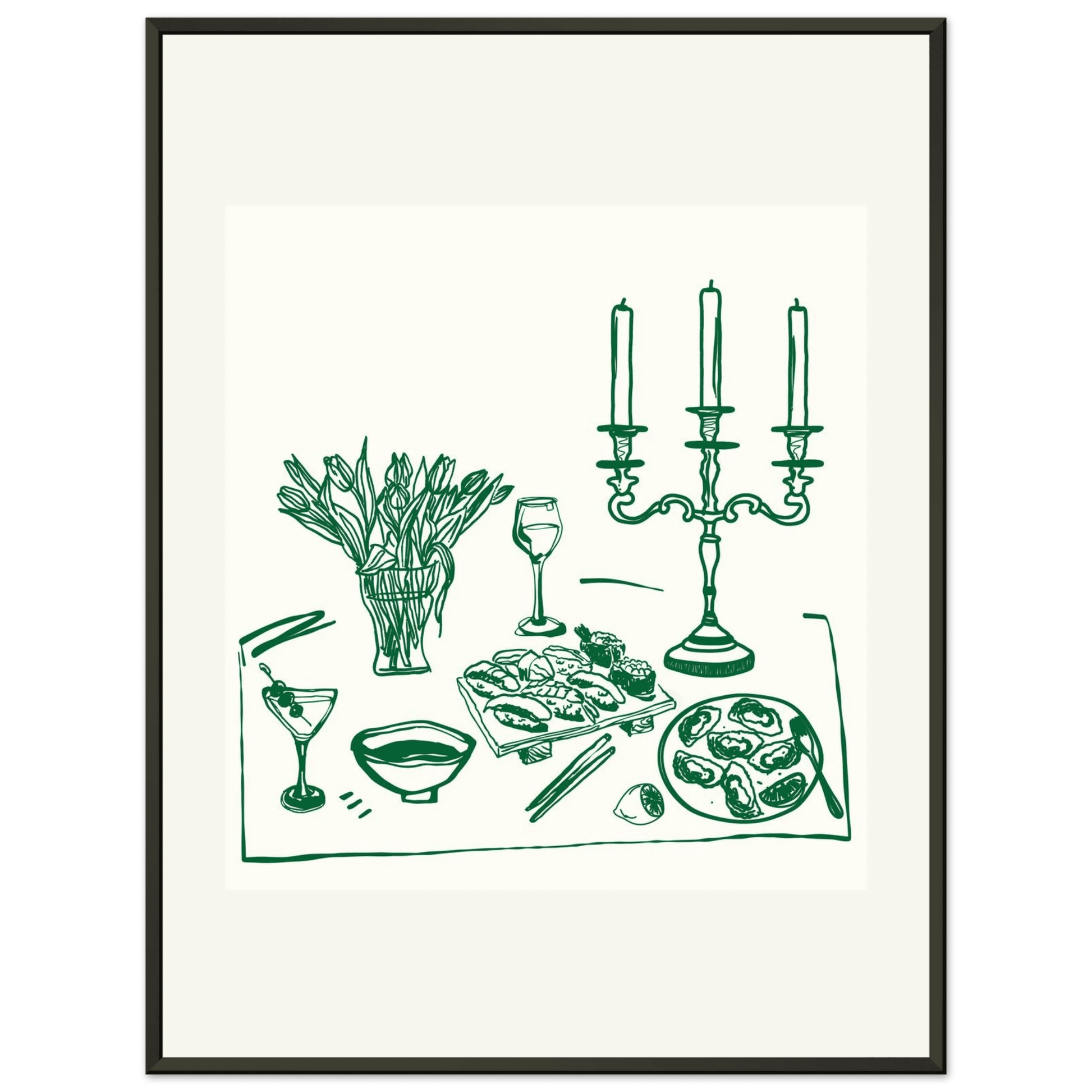 Fine Dining Table Print | Green Line Art Kitchen Wall Art | Elegant Dining Room Poster - Evergreen Posters