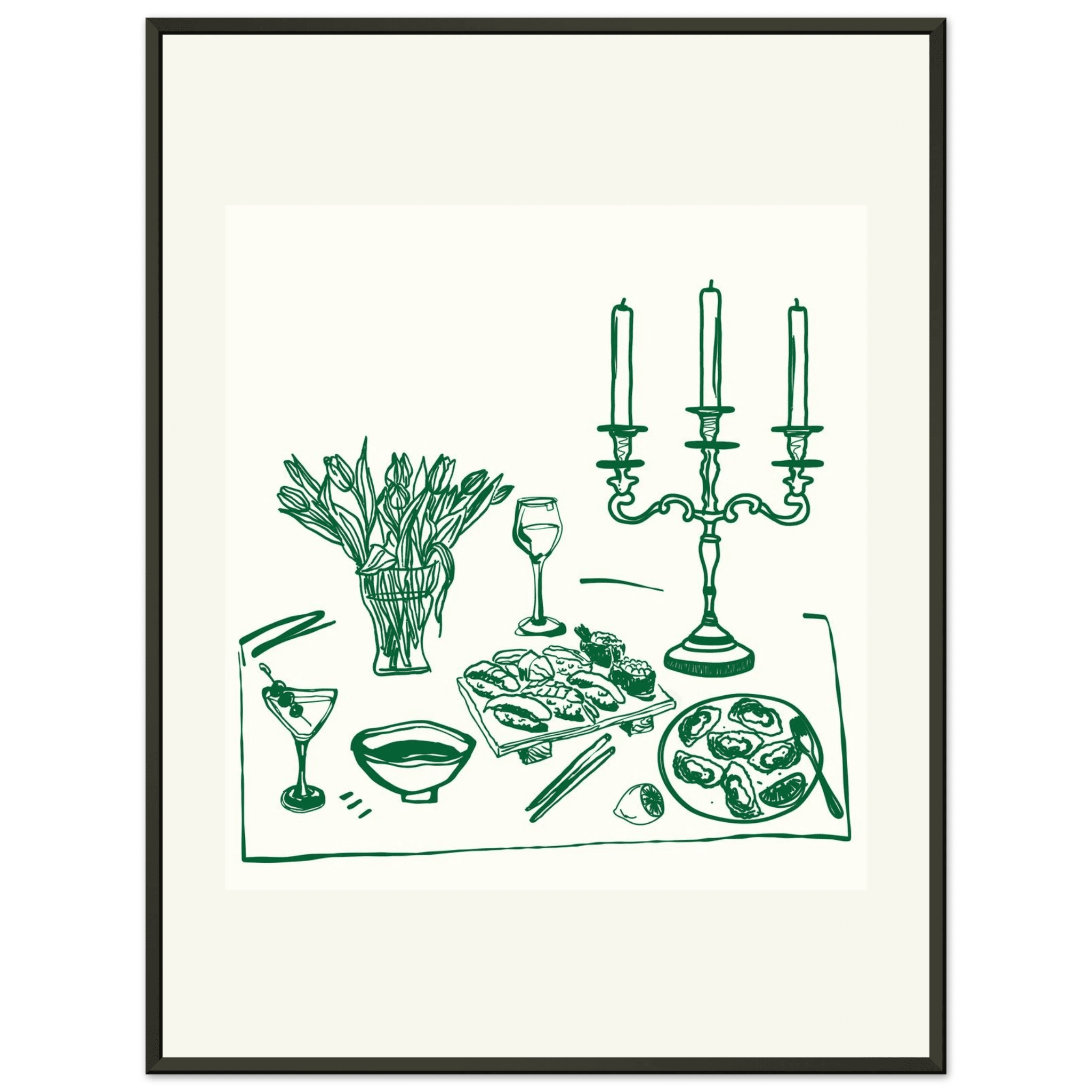 Fine Dining Table Print | Green Line Art Kitchen Wall Art | Elegant Dining Room Poster - Evergreen Posters