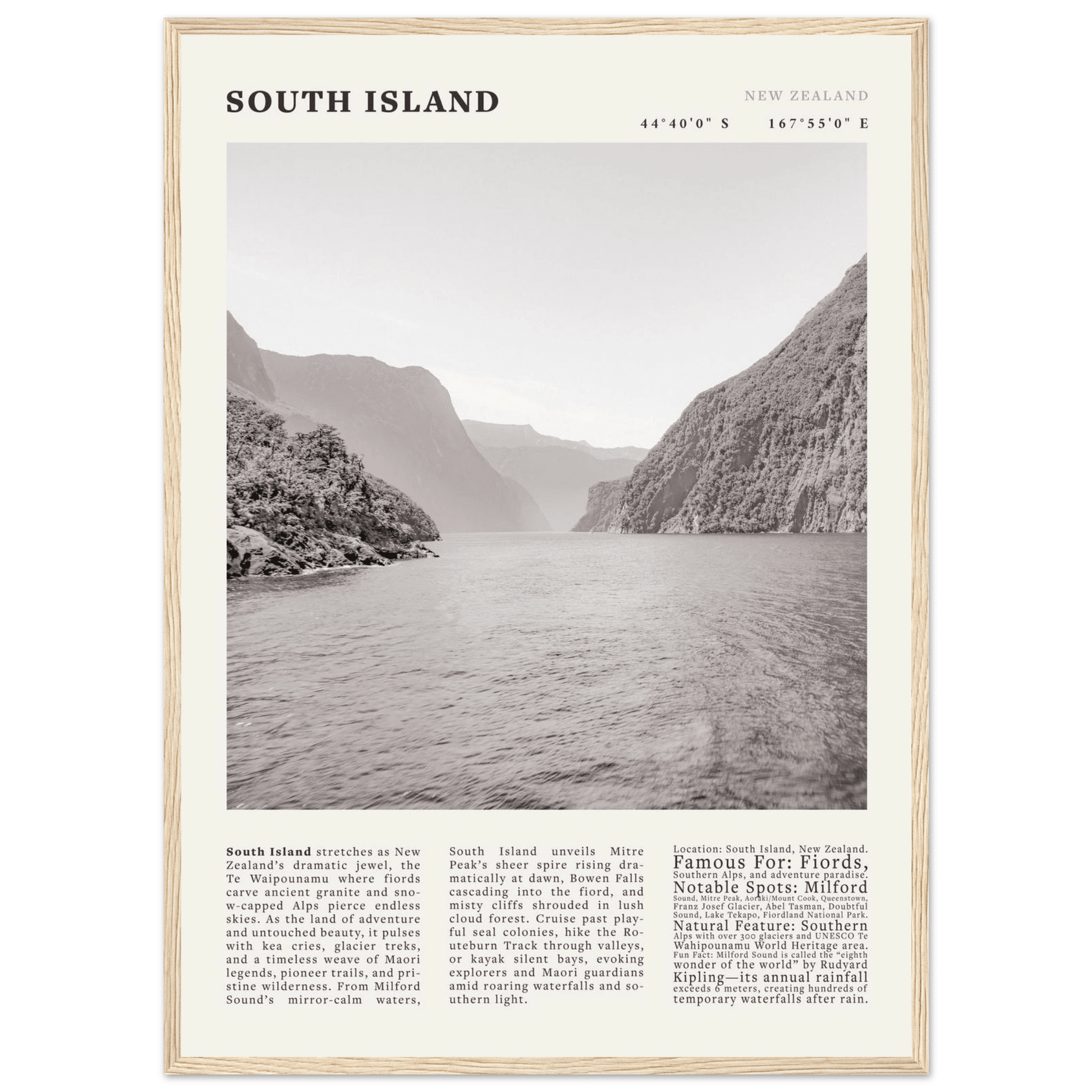 South Island New Zealand Poster Black and White – Vintage Milford Sound Fjord Print - Evergreen Posters