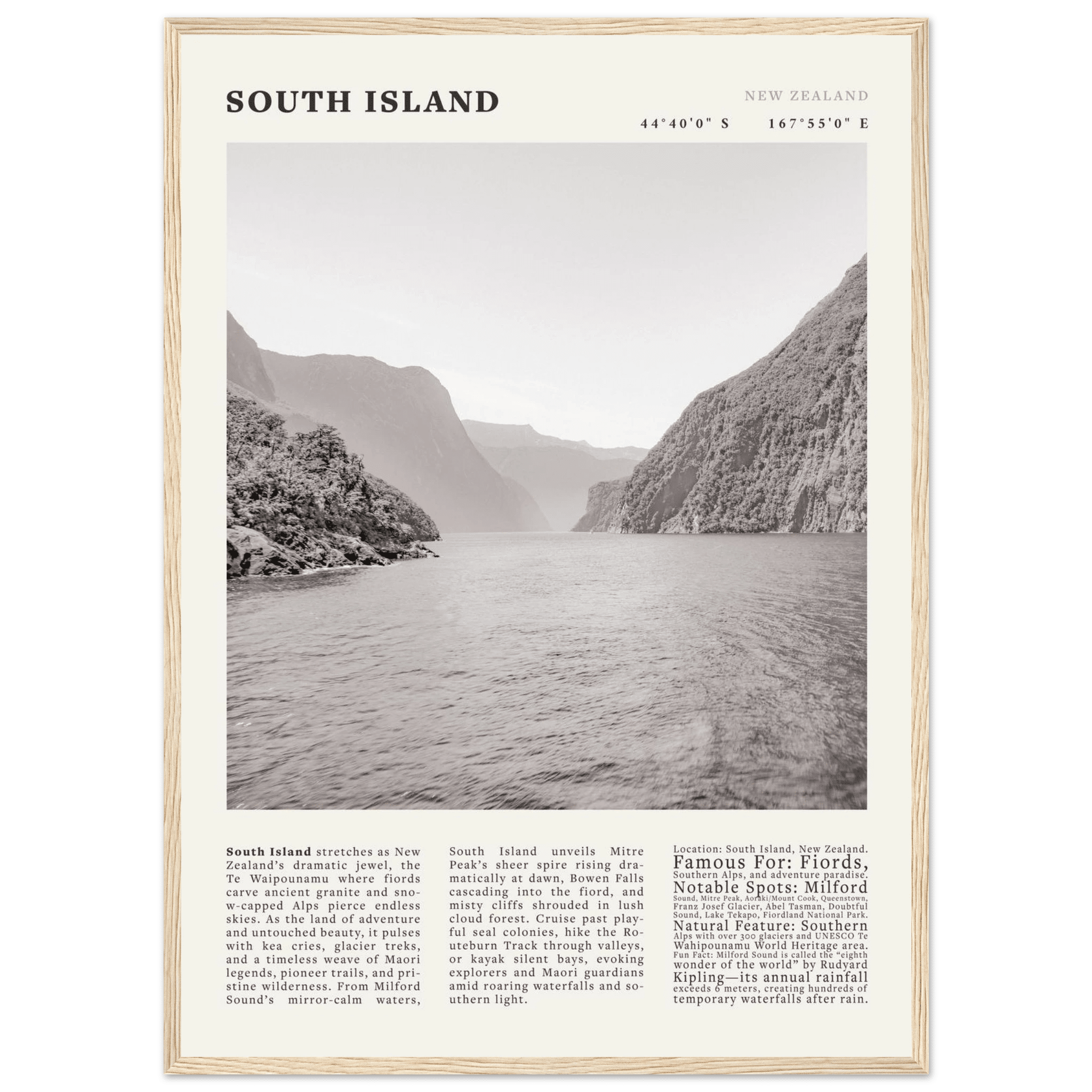 South Island New Zealand Poster Black and White – Vintage Milford Sound Fjord Print - Evergreen Posters