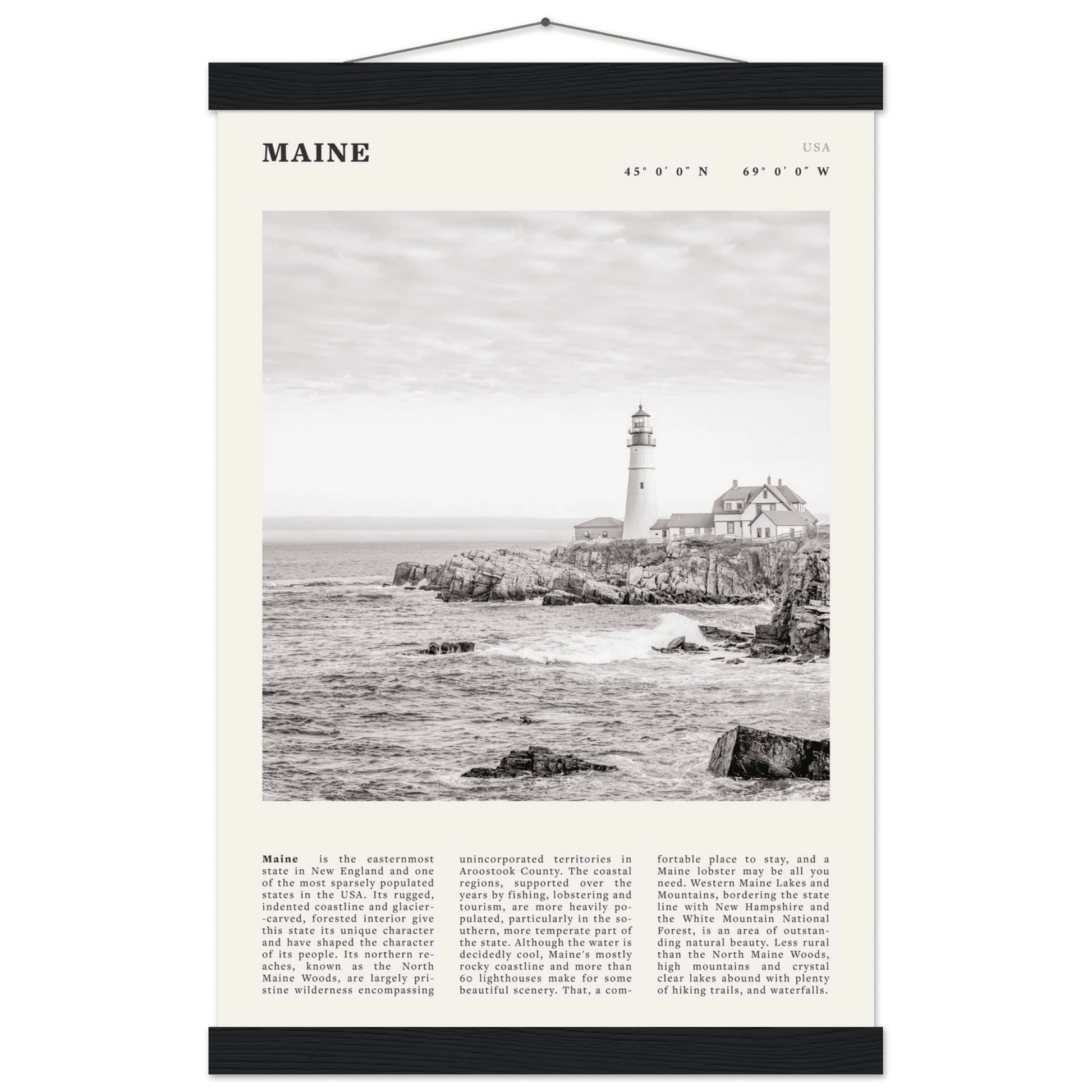 Maine Poster | Black & White Lighthouse Wall Art | New England Coastal Travel Print - Evergreen Posters