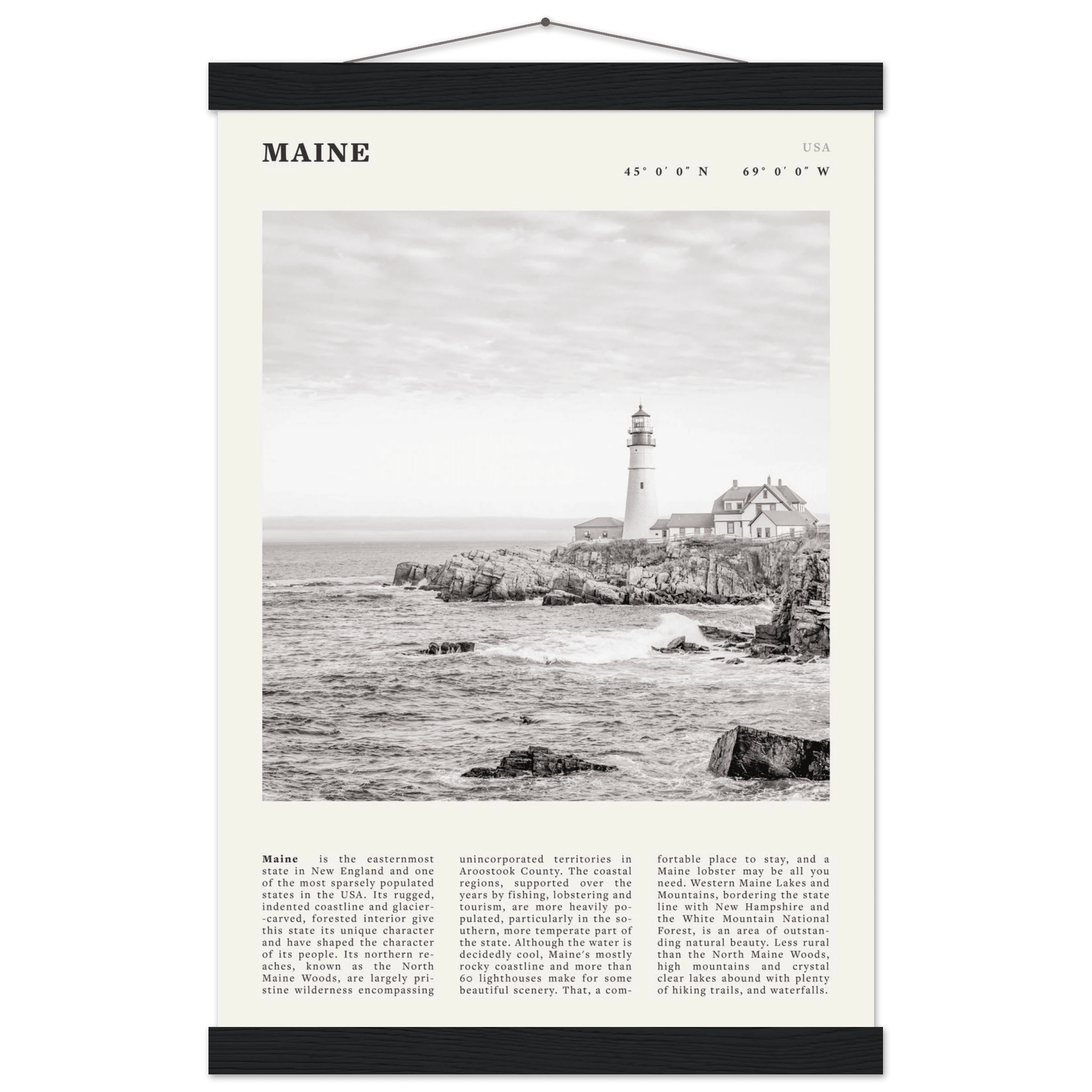 Maine Poster | Black & White Lighthouse Wall Art | New England Coastal Travel Print - Evergreen Posters