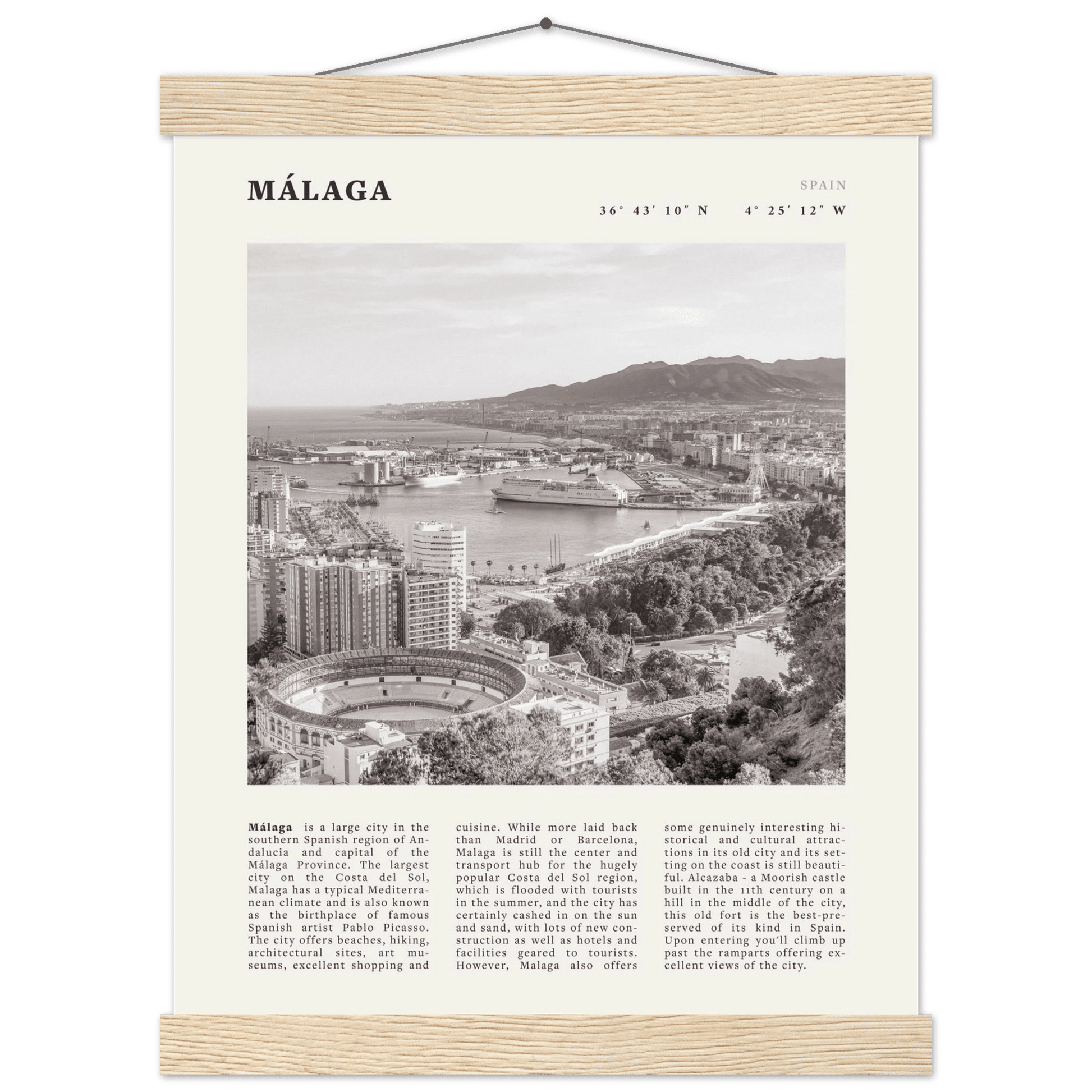 Málaga Poster | Black & White Costa del Sol Wall Art | Spain Travel Print - Evergreen Posters