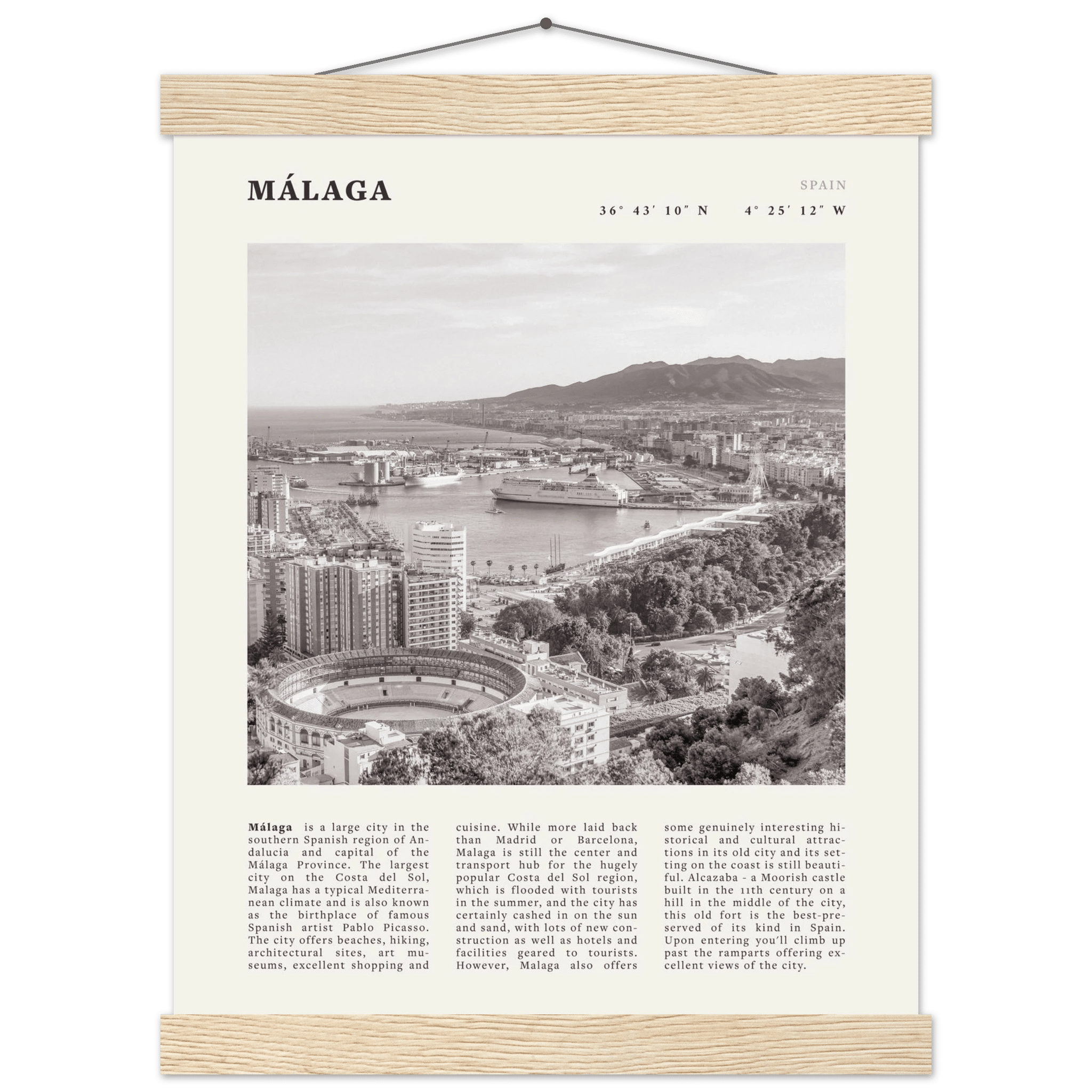Málaga Poster | Black & White Costa del Sol Wall Art | Spain Travel Print - Evergreen Posters