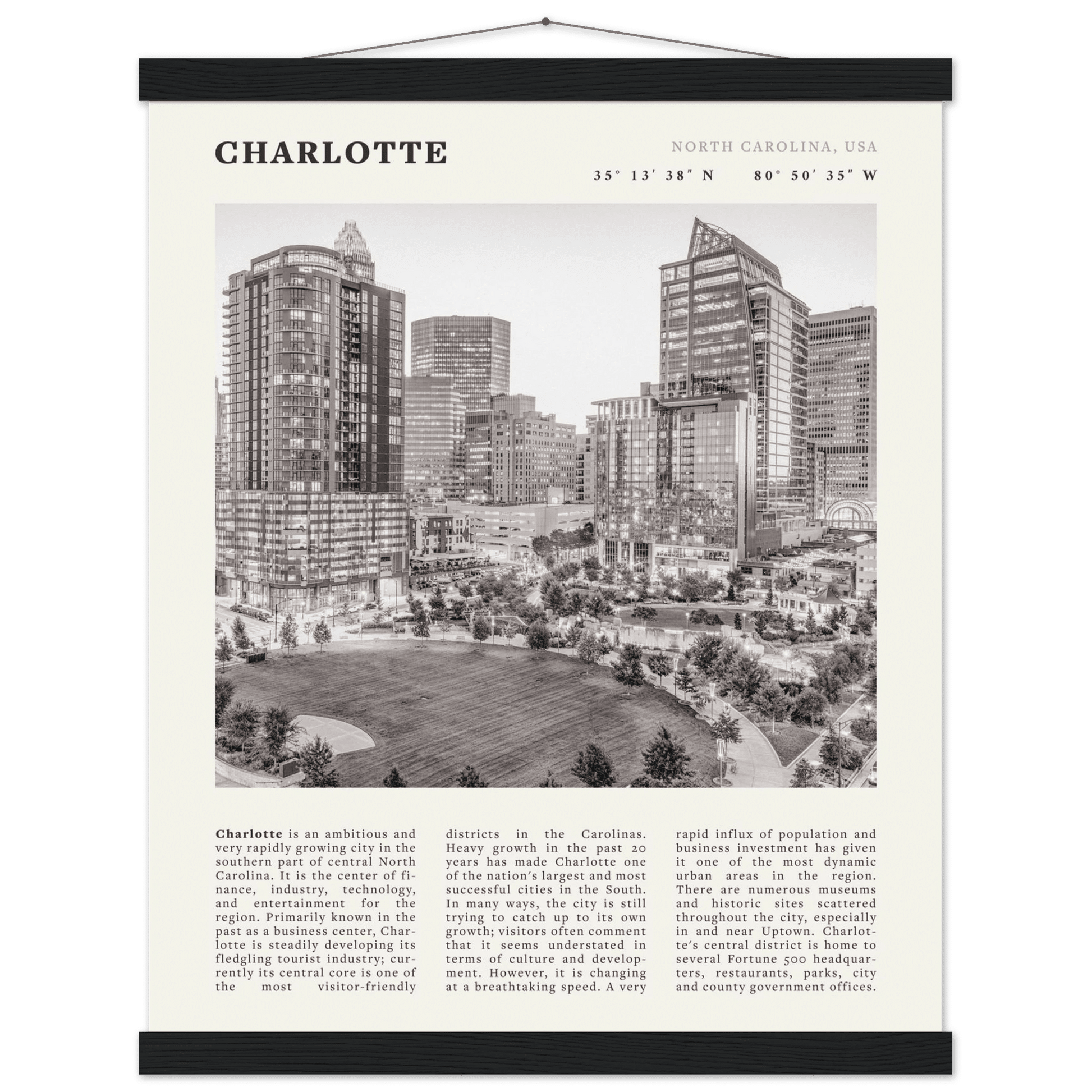 Charlotte Poster | Black & White North Carolina Skyline Wall Art | NC Travel Print - Evergreen Posters