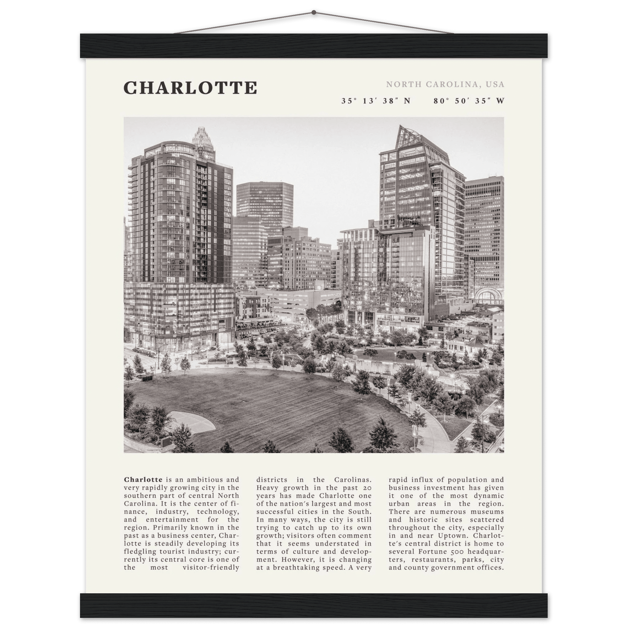 Charlotte Poster | Black & White North Carolina Skyline Wall Art | NC Travel Print - Evergreen Posters