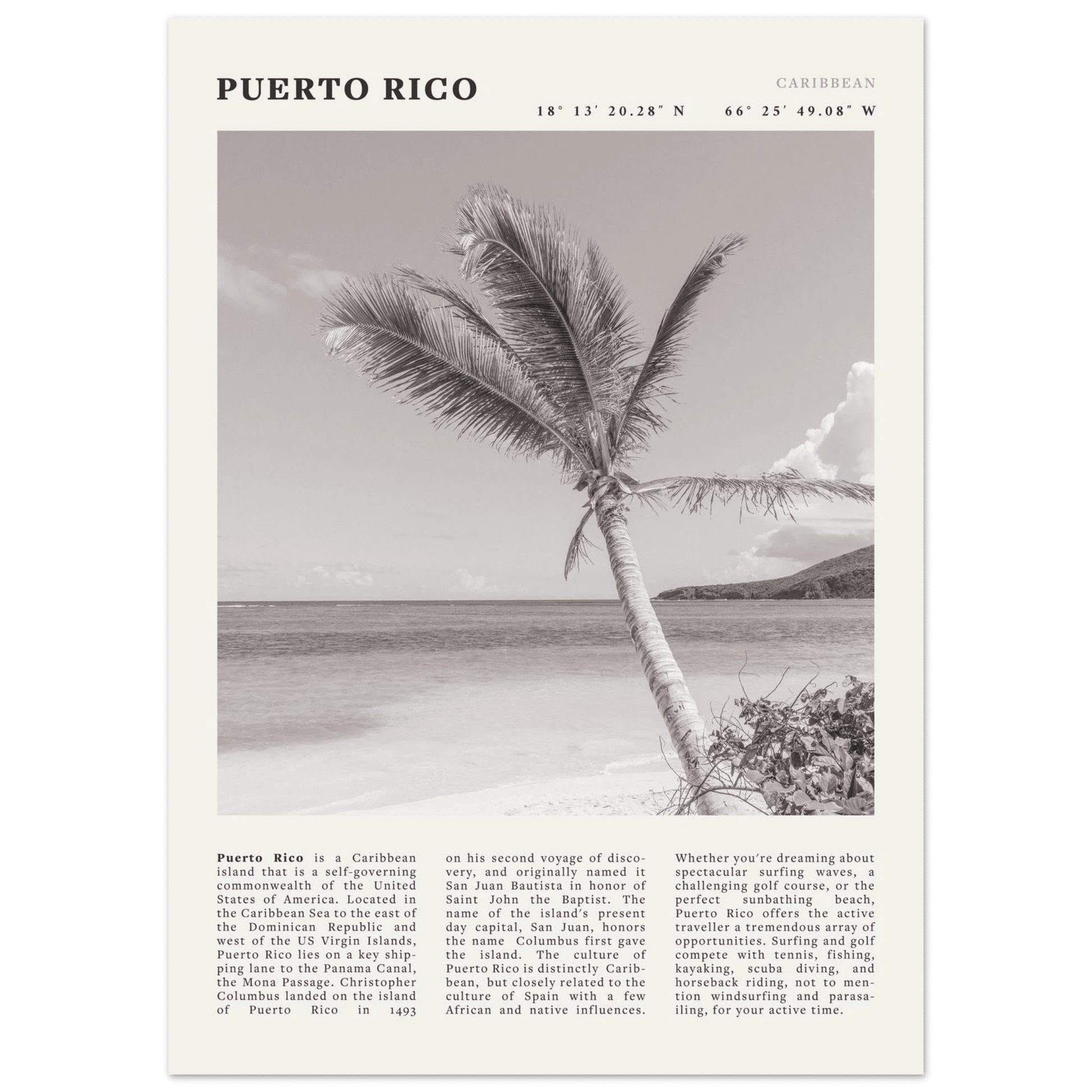 Puerto Rico Poster Black and White – Vintage Caribbean Palm Beach Print (Digital & Printed Options) - Evergreen Posters