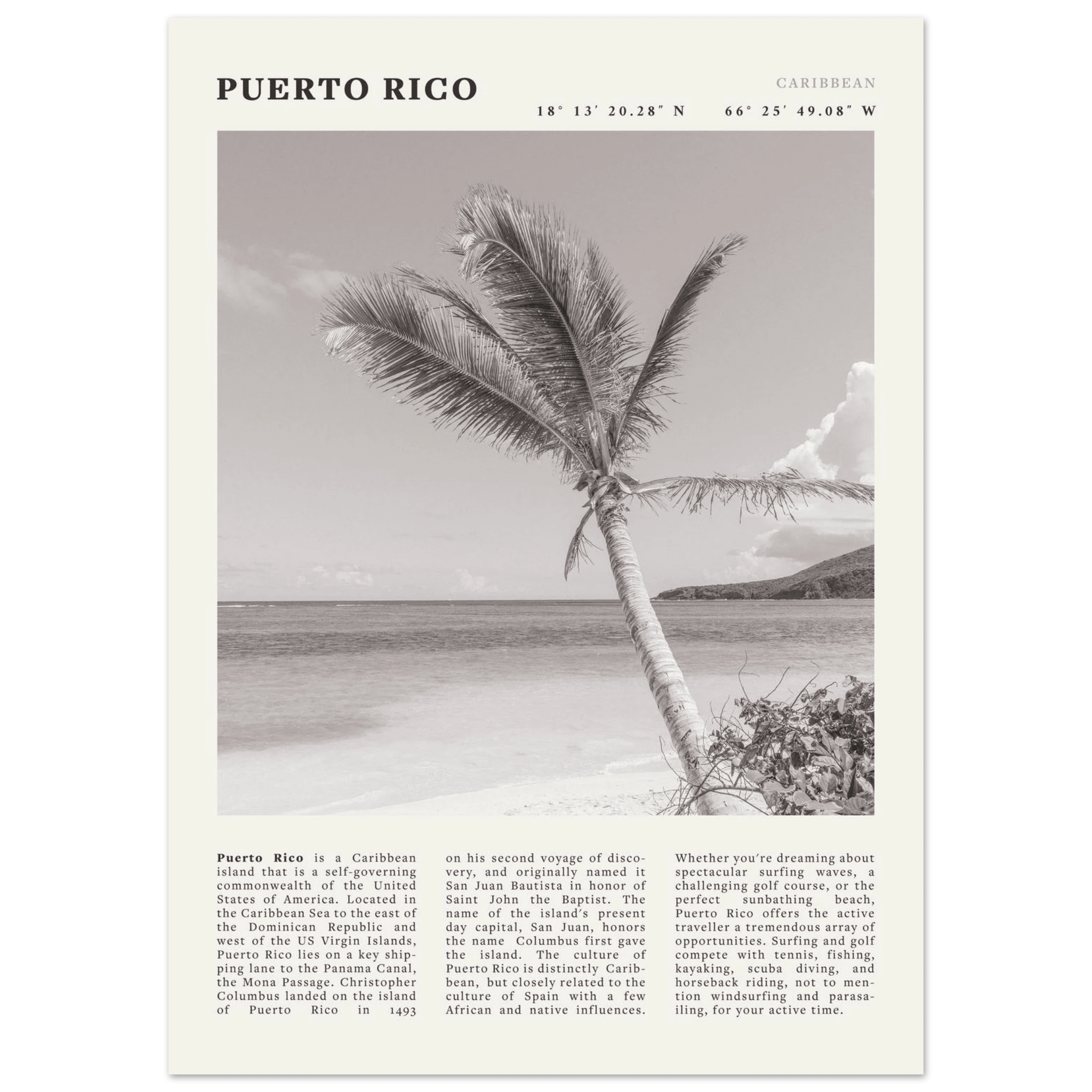 Puerto Rico Poster Black and White – Vintage Caribbean Palm Beach Print (Digital & Printed Options) - Evergreen Posters