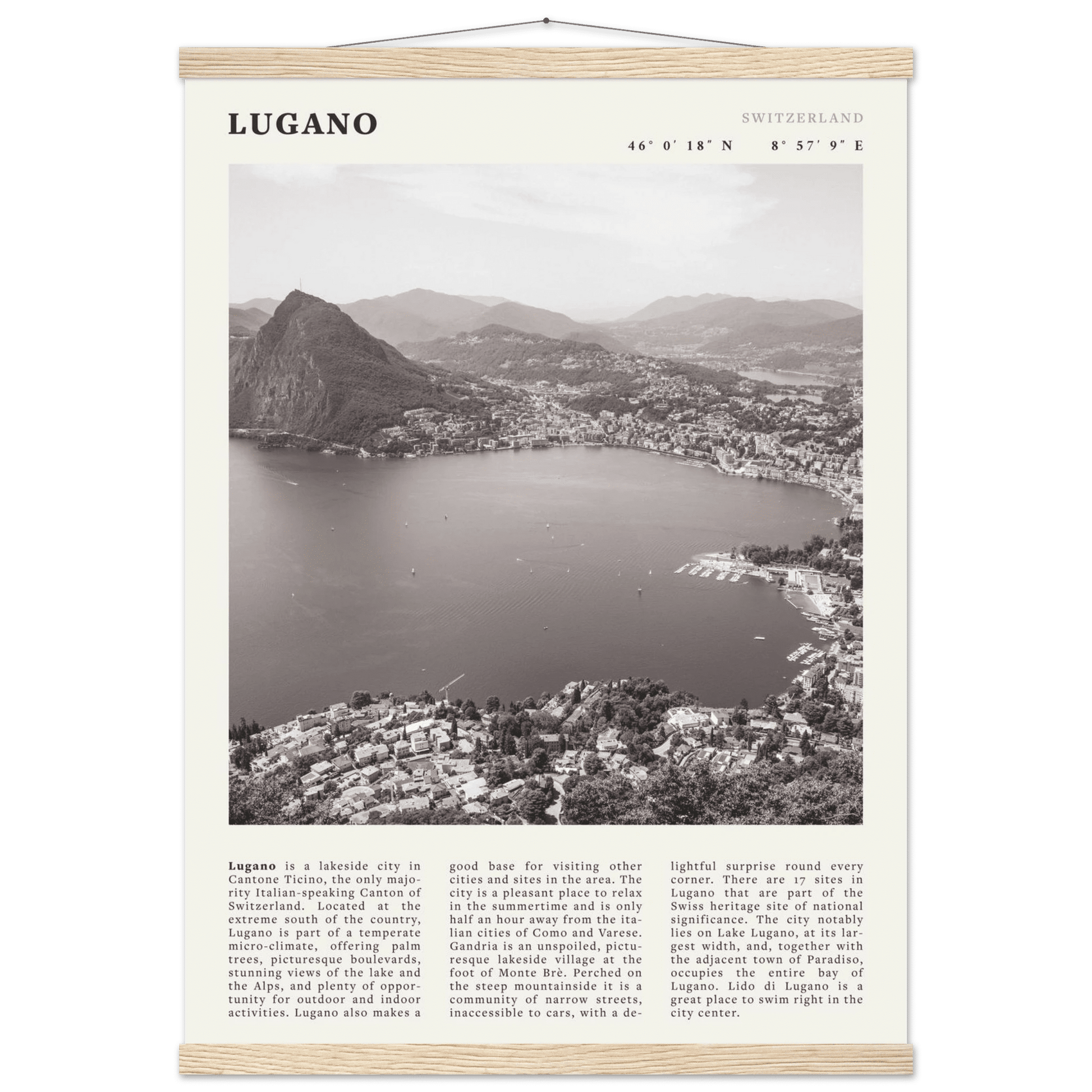 Lugano Poster | Black & White Swiss Lake Wall Art | Switzerland Travel Print - Evergreen Posters